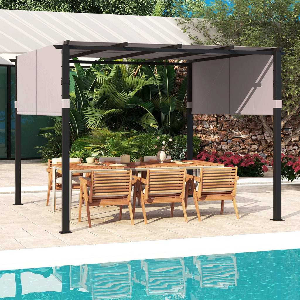 10 x 10 ft Flat Top Pergola with Retractable Canopy for Garden Pool Porch and Backyard-Beige
