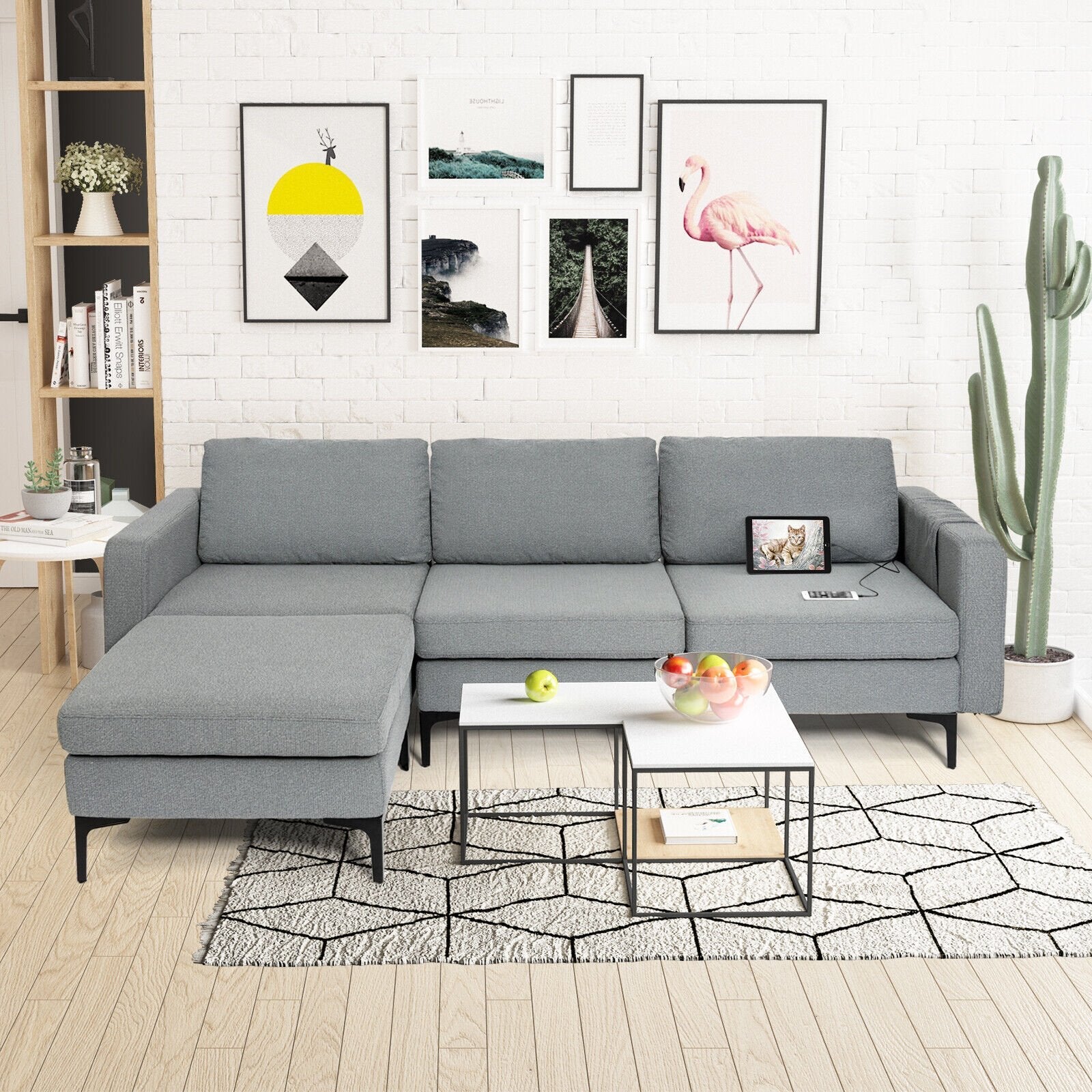 Modular L-shaped Sectional Sofa with Reversible Chaise and 2 USB Ports-Blue