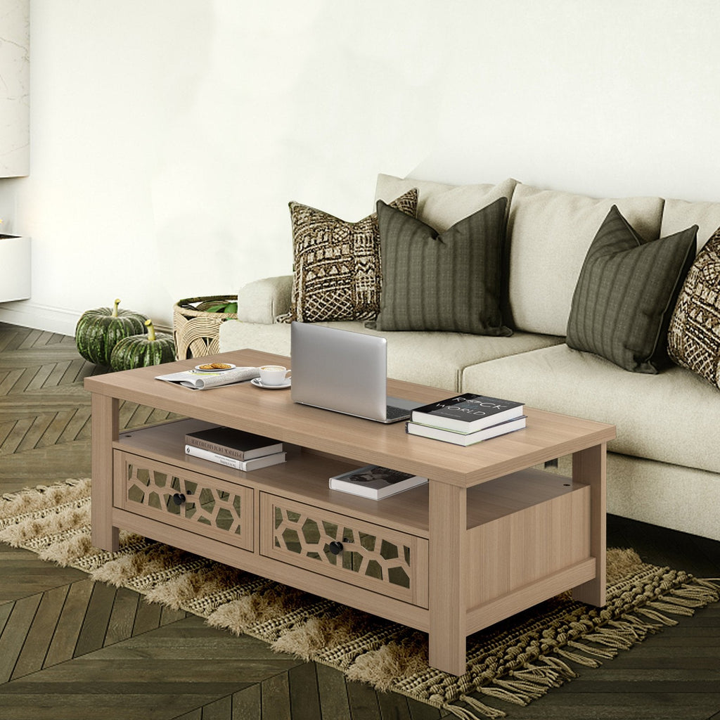 3-tier Coffee Table with 2 Drawers and 5 Support Legs-Brown