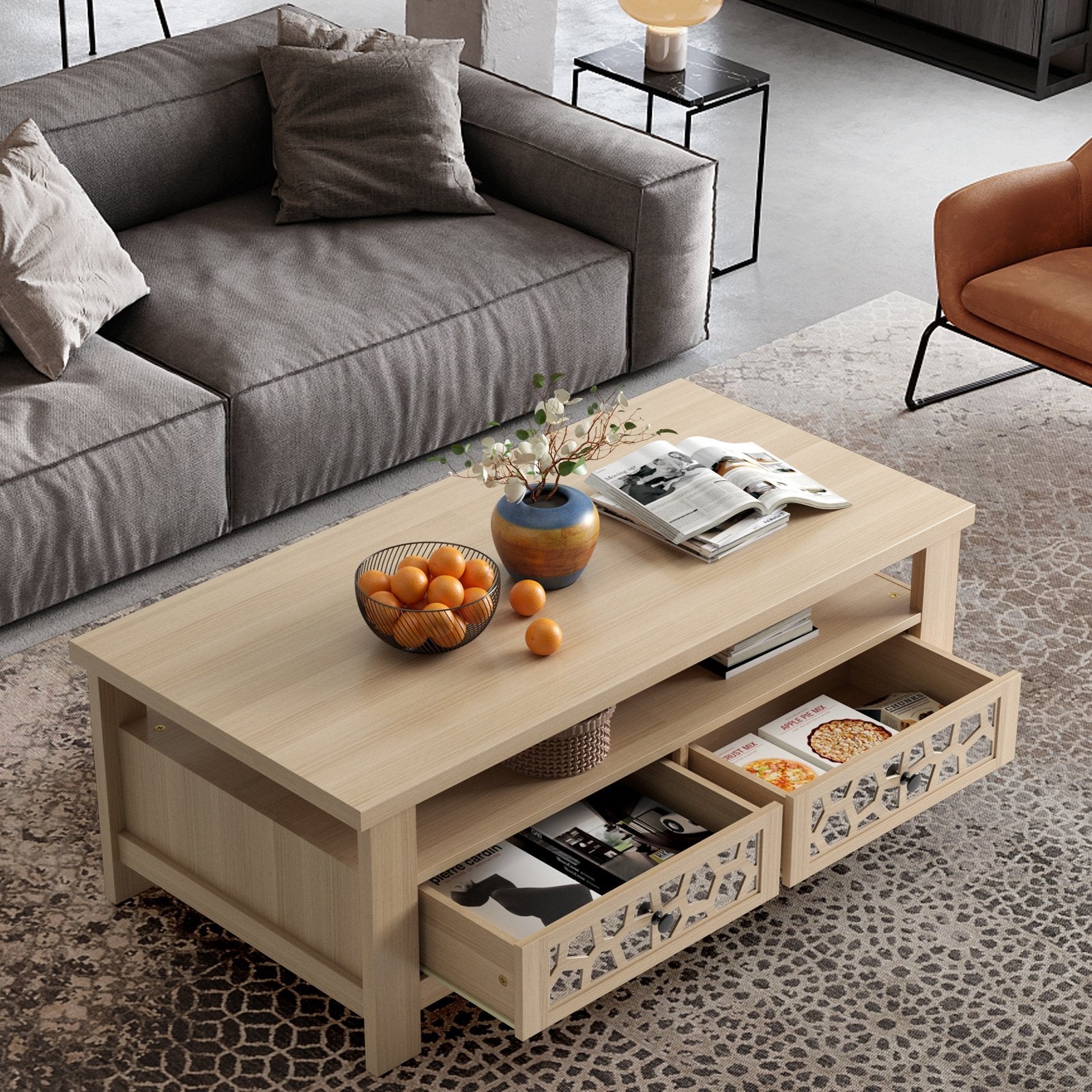 3-tier Coffee Table with 2 Drawers and 5 Support Legs-Brown
