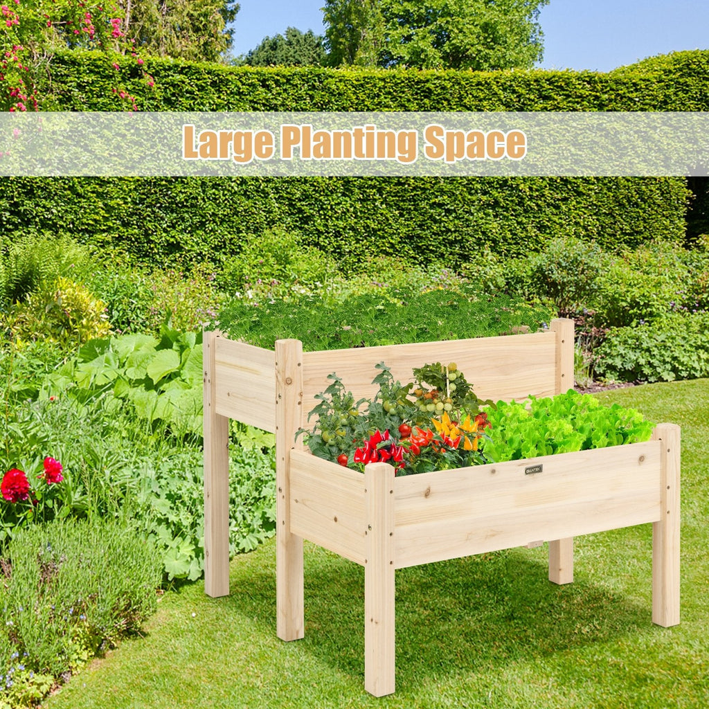 2 Tier Wooden Raised Garden Bed with Legs Drain Holes-Gray
