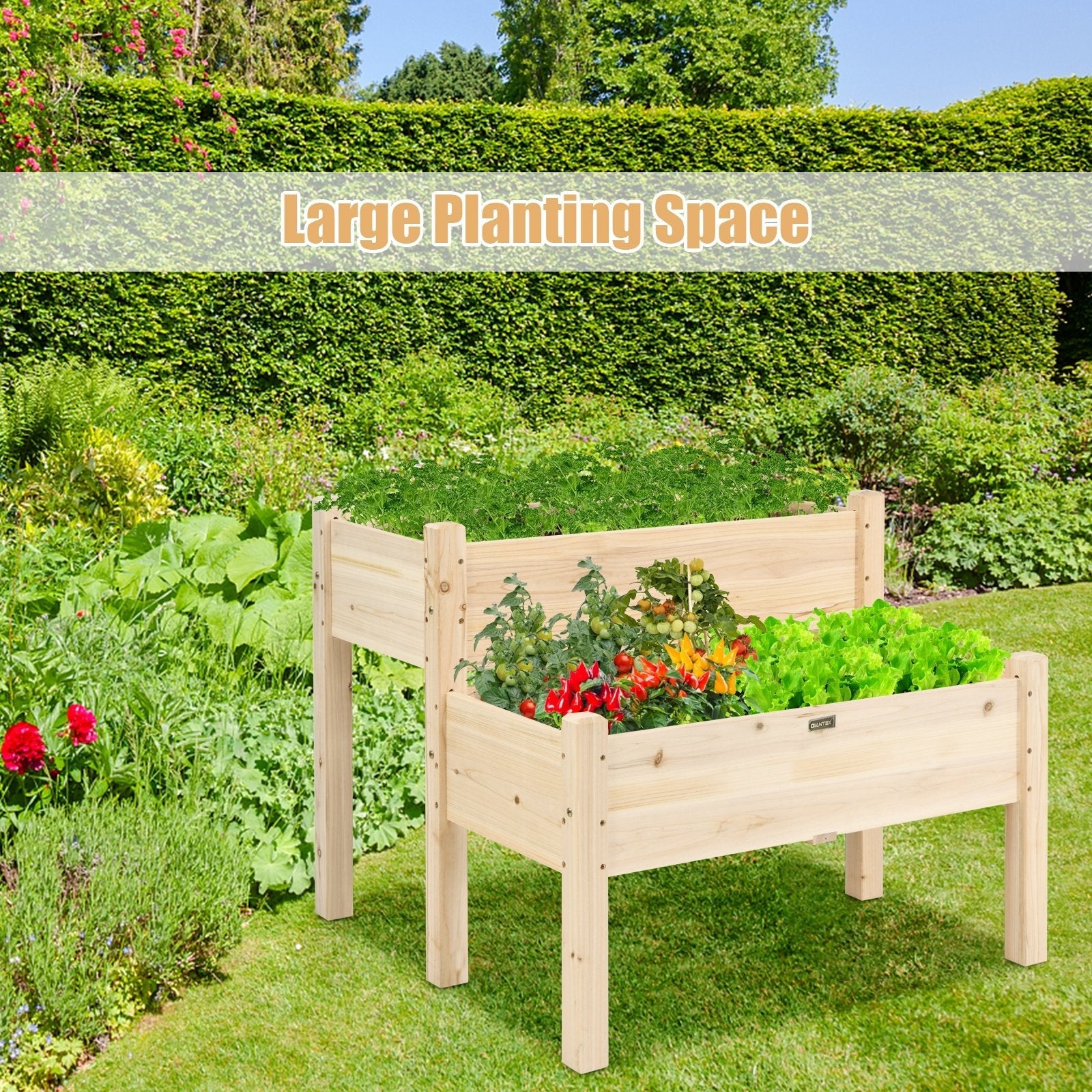 2 Tier Wooden Raised Garden Bed with Legs Drain Holes-Gray