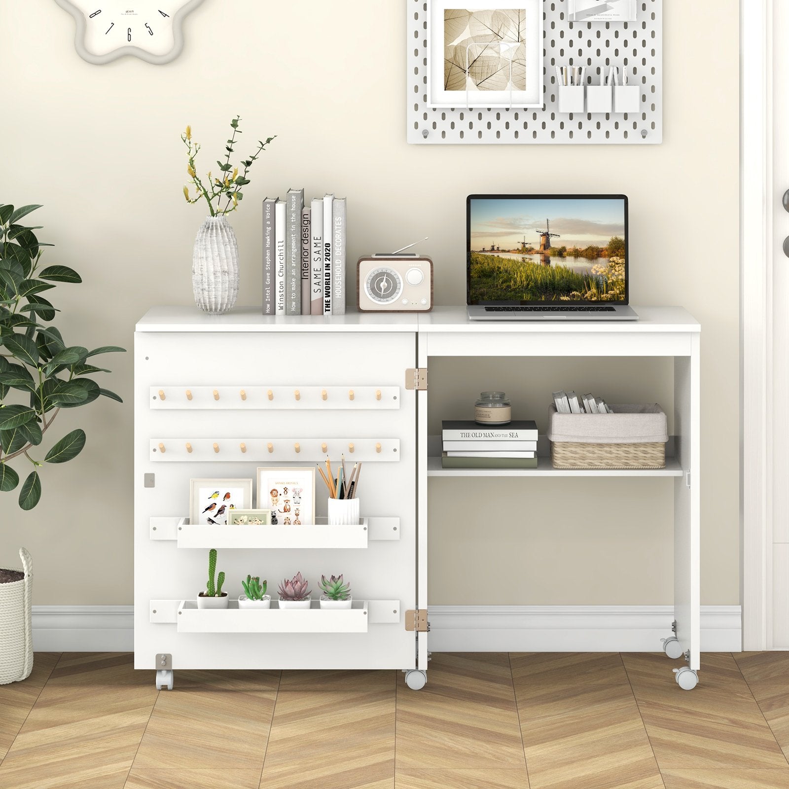 Folding Sewing Table with Storage Shelf and 5 Lockable Wheels-Natural