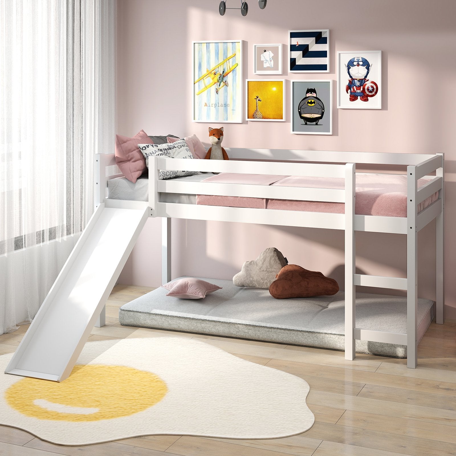 Twin Size Low Sturdy Loft Bed with Slide Wood -Dark Brown