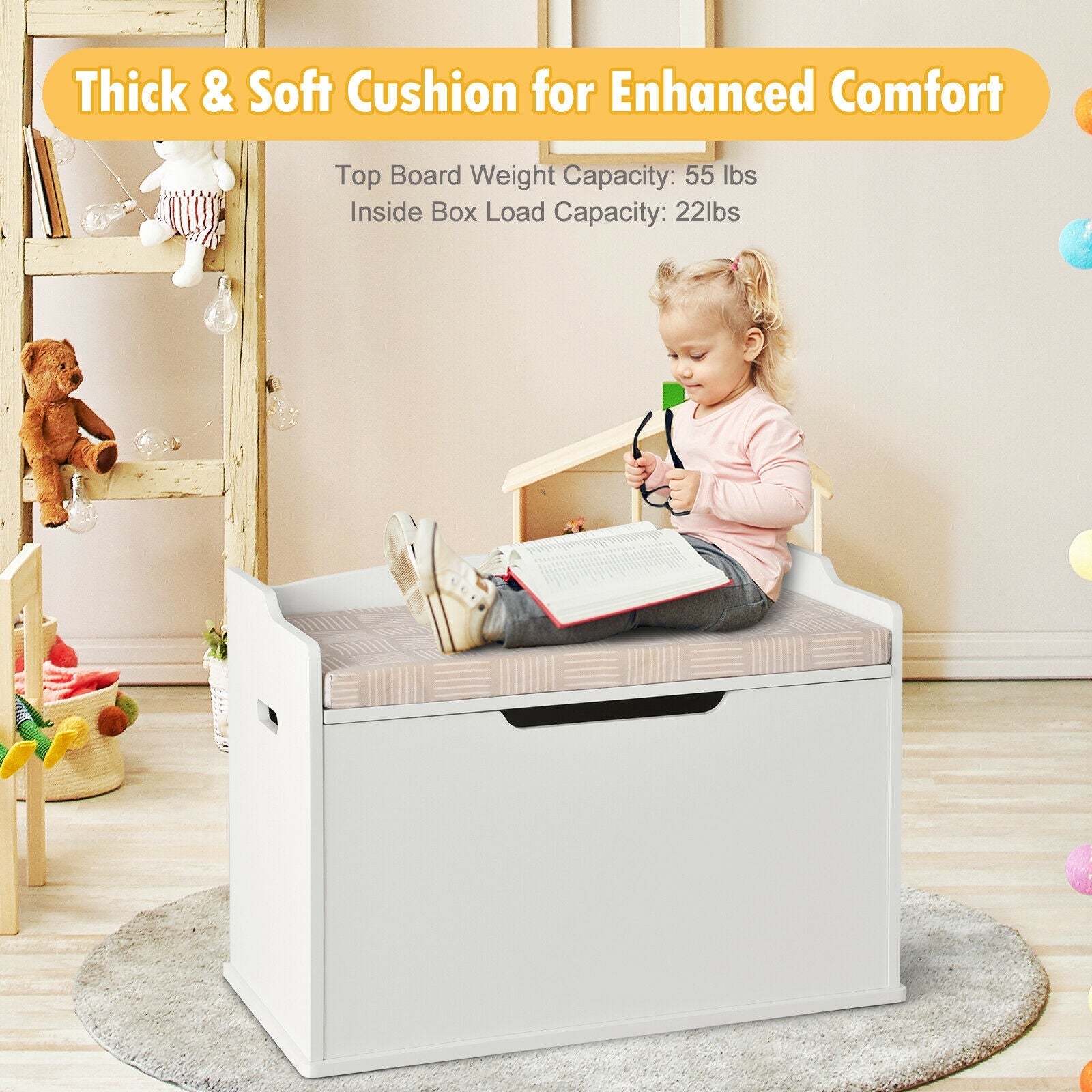 Kids Toy Wooden Flip-top Storage Box Chest Bench with Cushion Hinge-Brown