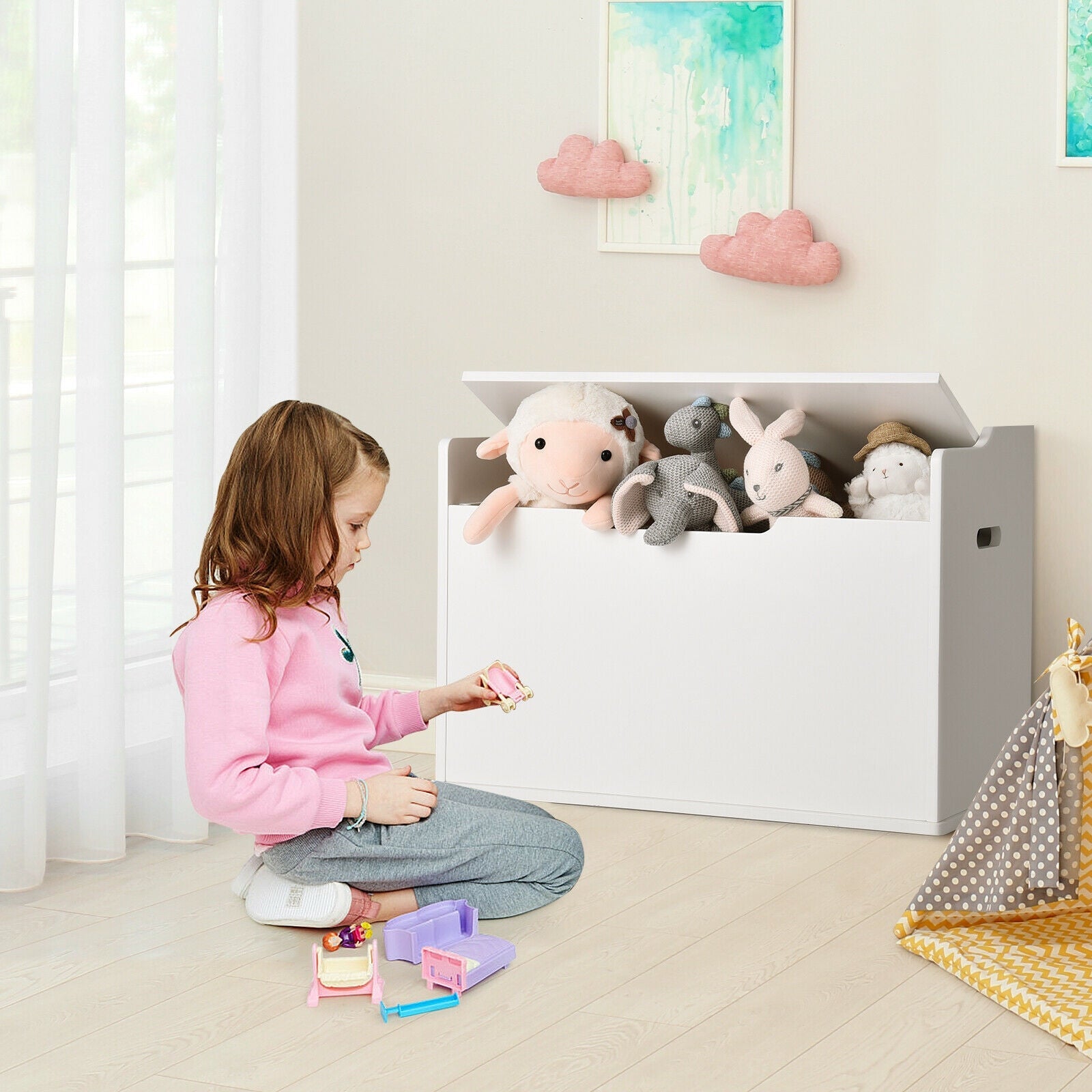 Kids Toy Wooden Flip-top Storage Box Chest Bench with Cushion Hinge-Brown