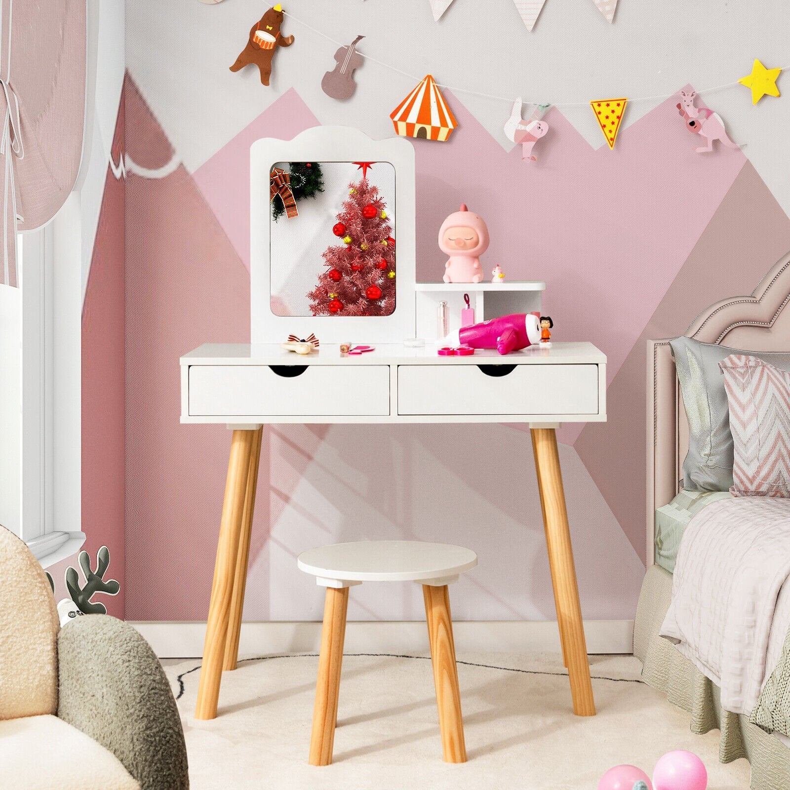 Kid Vanity Table Chair Set with Mirror and 2 Large Storage Drawers-Pink
