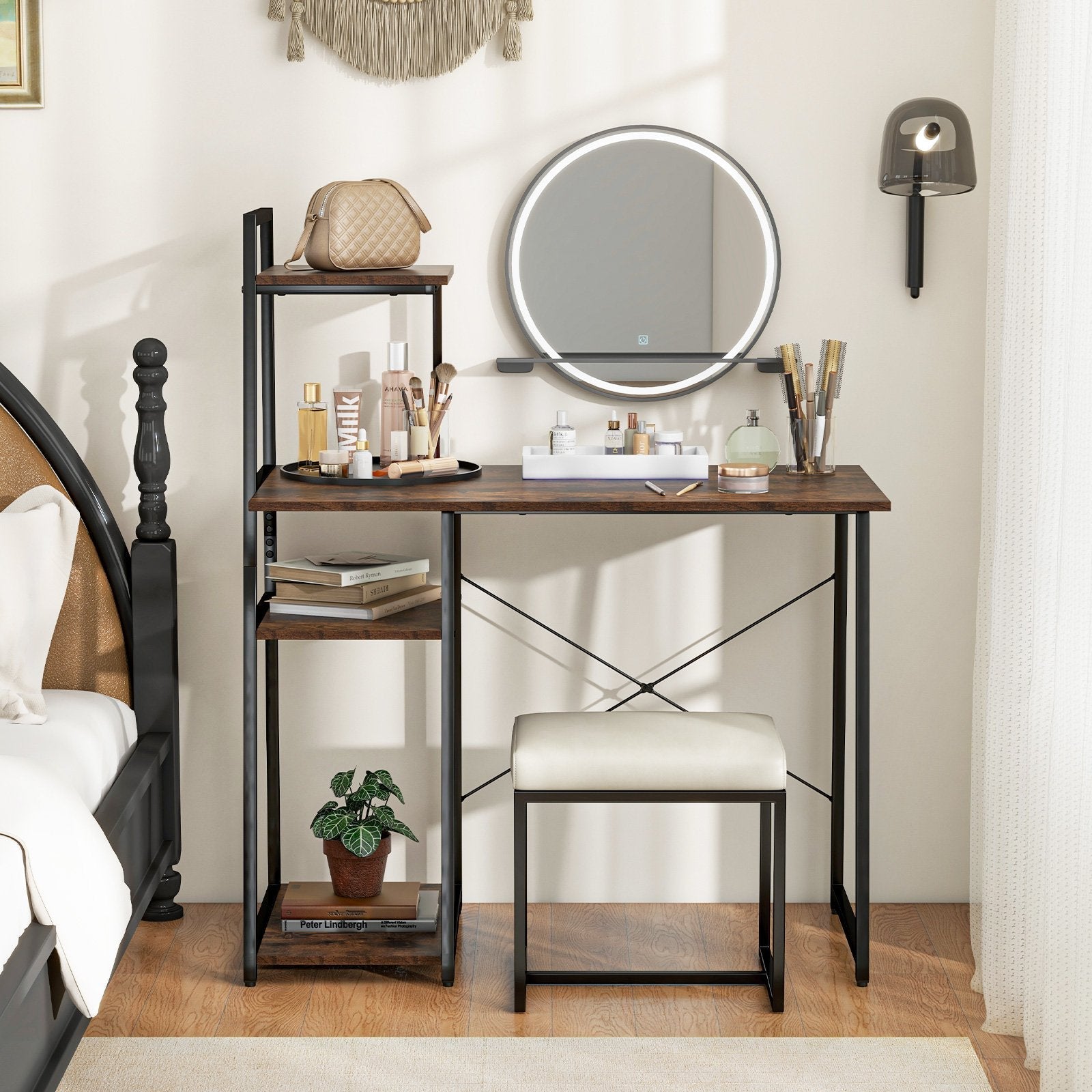 Computer Desk with Shelves and 3-Tier Storage Bookshelf-Brown
