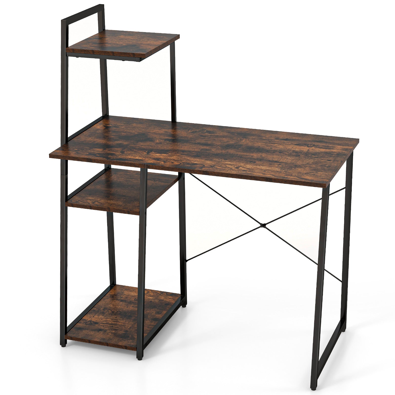 Computer Desk with Shelves and 3-Tier Storage Bookshelf-Brown