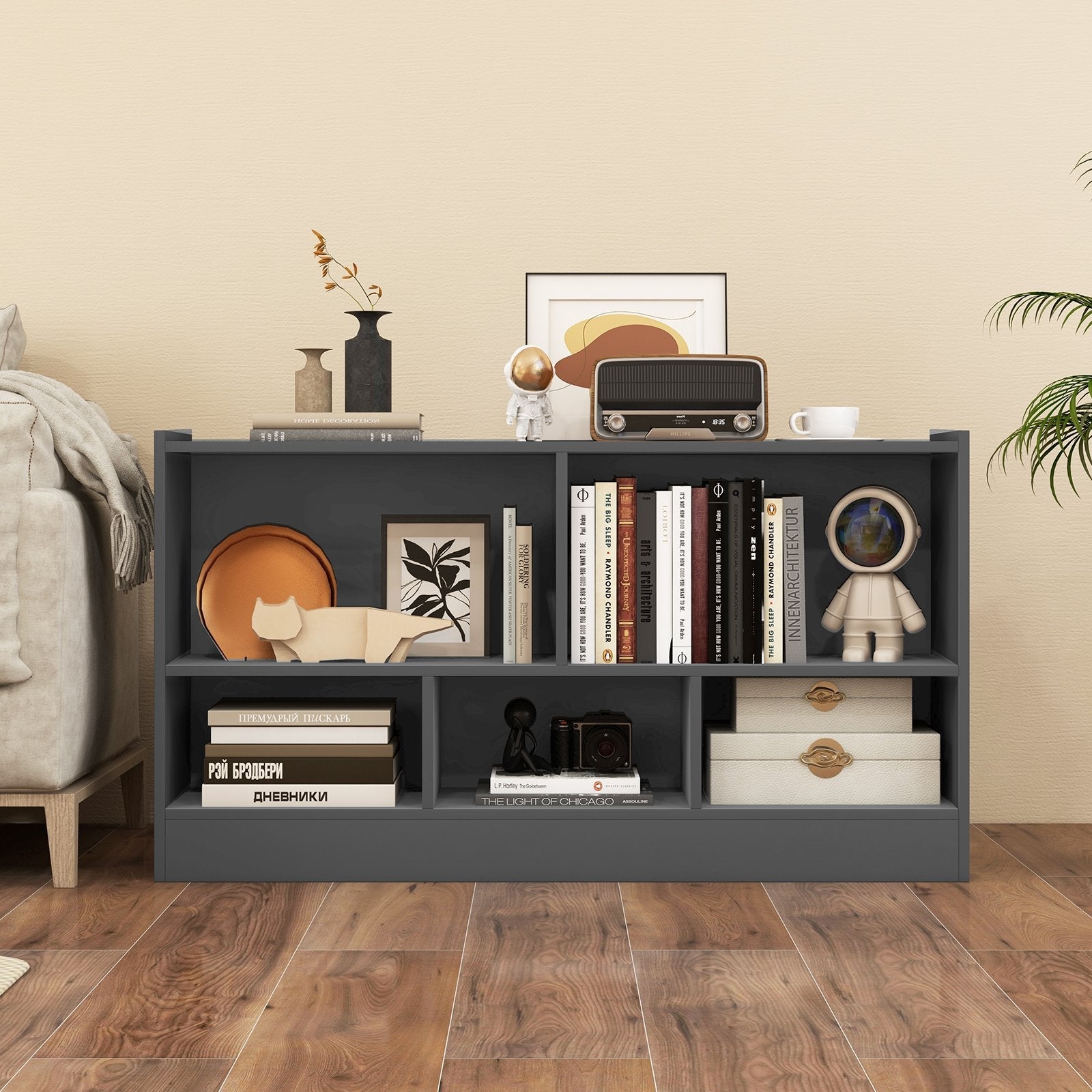 Kids 2-Shelf Bookcase 5-Cube Wood Toy Storage Cabinet Organizer-Beige
