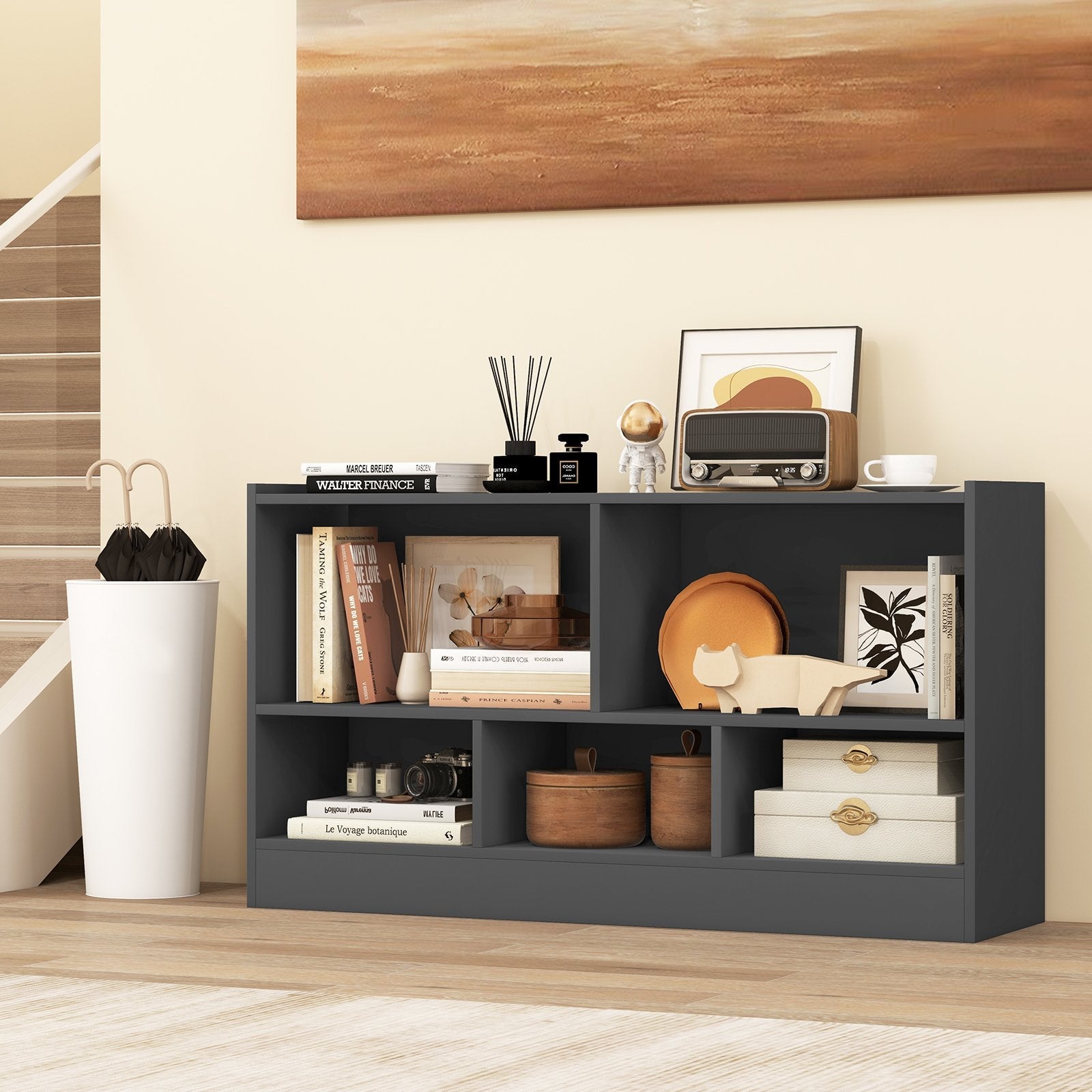Kids 2-Shelf Bookcase 5-Cube Wood Toy Storage Cabinet Organizer-Beige