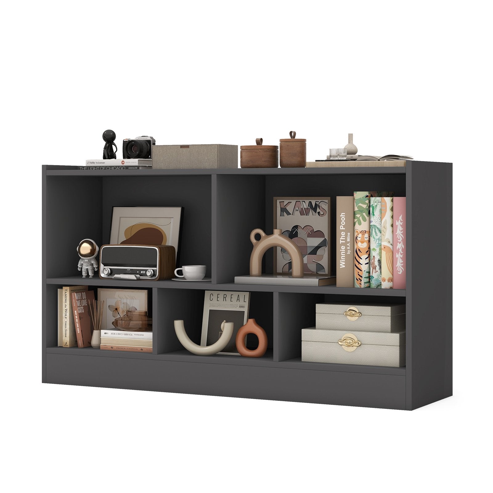 Kids 2-Shelf Bookcase 5-Cube Wood Toy Storage Cabinet Organizer-Beige