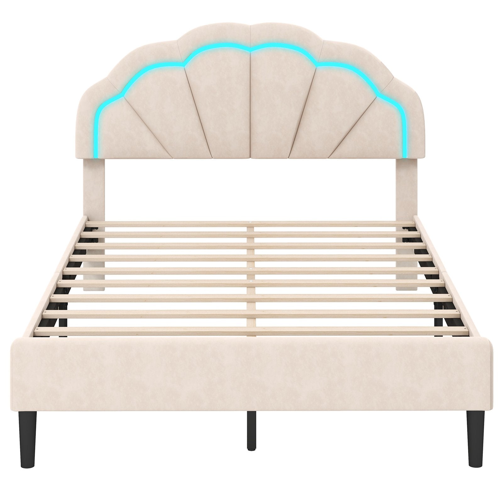 Upholstered LED Bed Frame with Adjustable Flower Headboard and Metal Support Feet-Queen Size