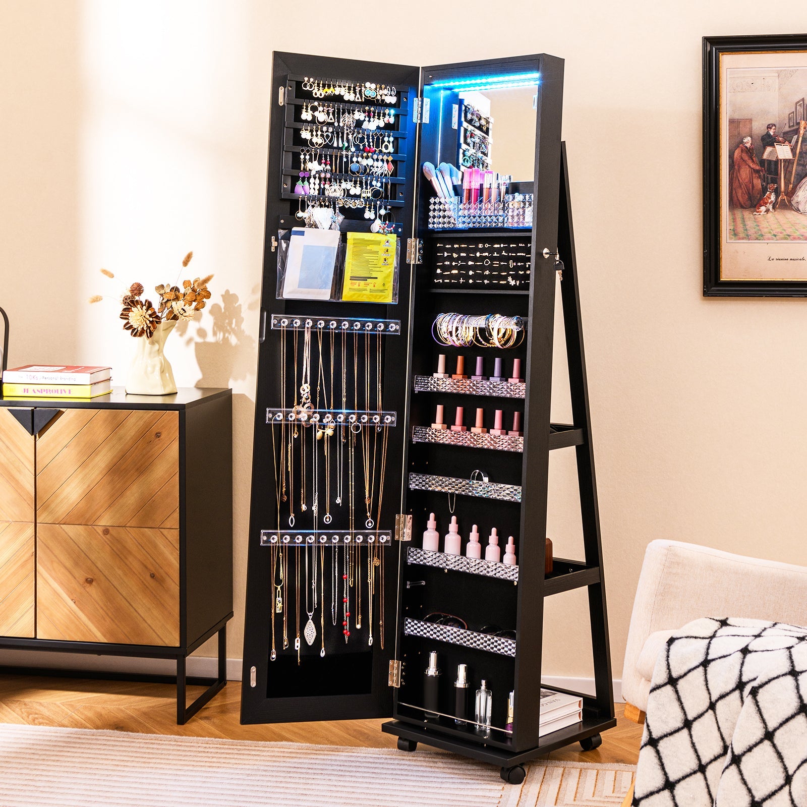 64 Inches Lockable Jewelry Cabinet Armoire with Built-in Makeup Mirror-Black