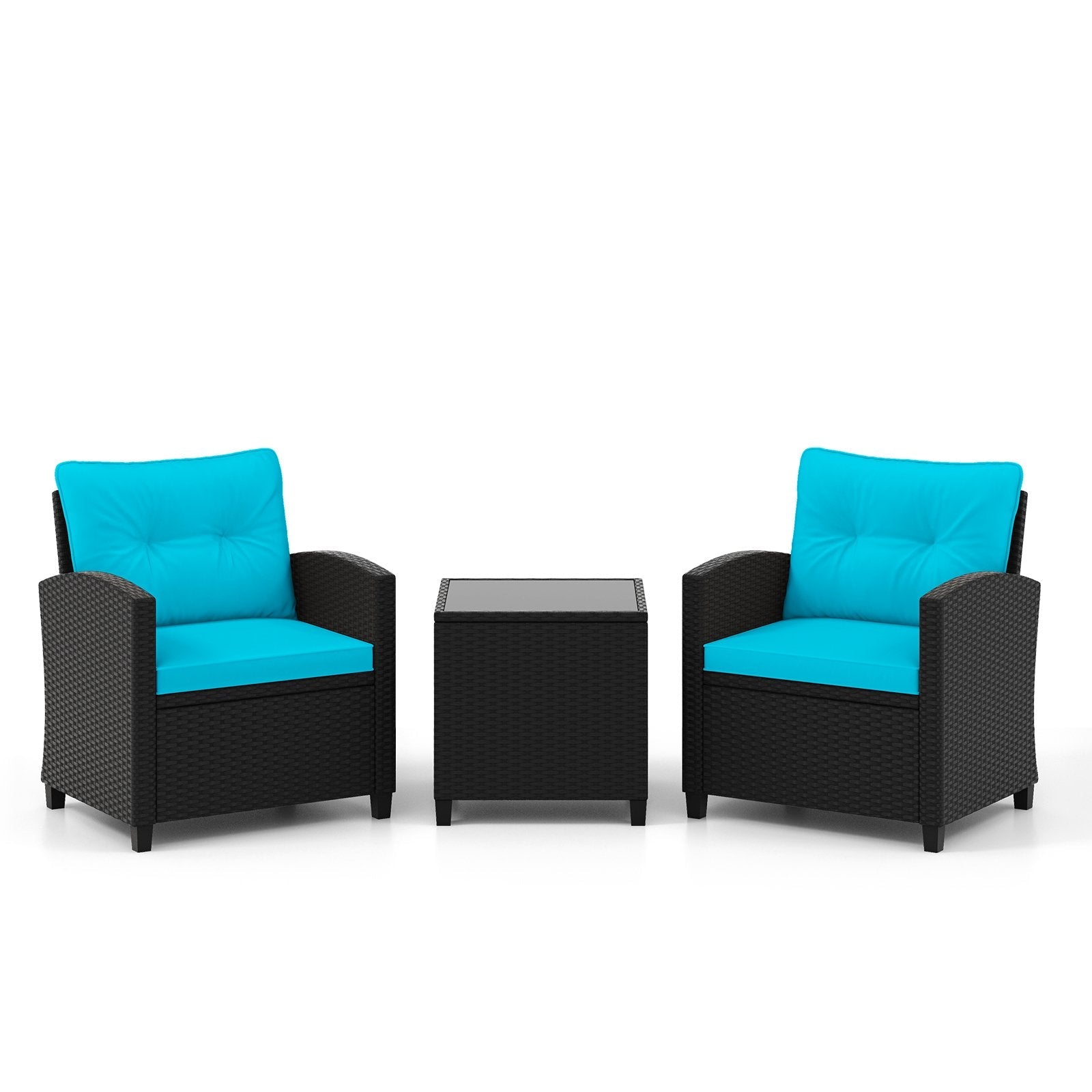 3 Pieces Patio Furniture Set with Tempered Glass Coffee Table-Black