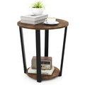 2-Tier Round End Table with Storage Shelf and Metal Frame-Brown