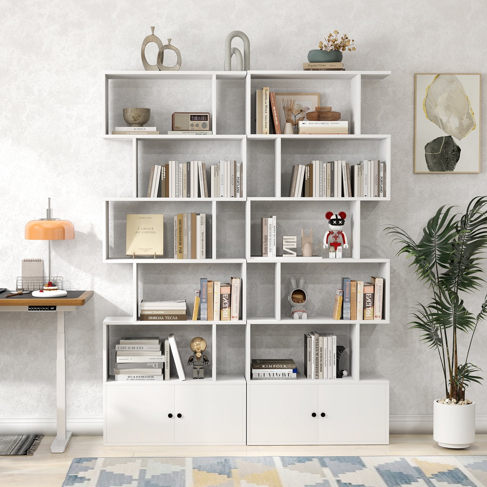 6-Tier S-Shaped Freestanding Bookshelf with Cabinet and Doors-Black