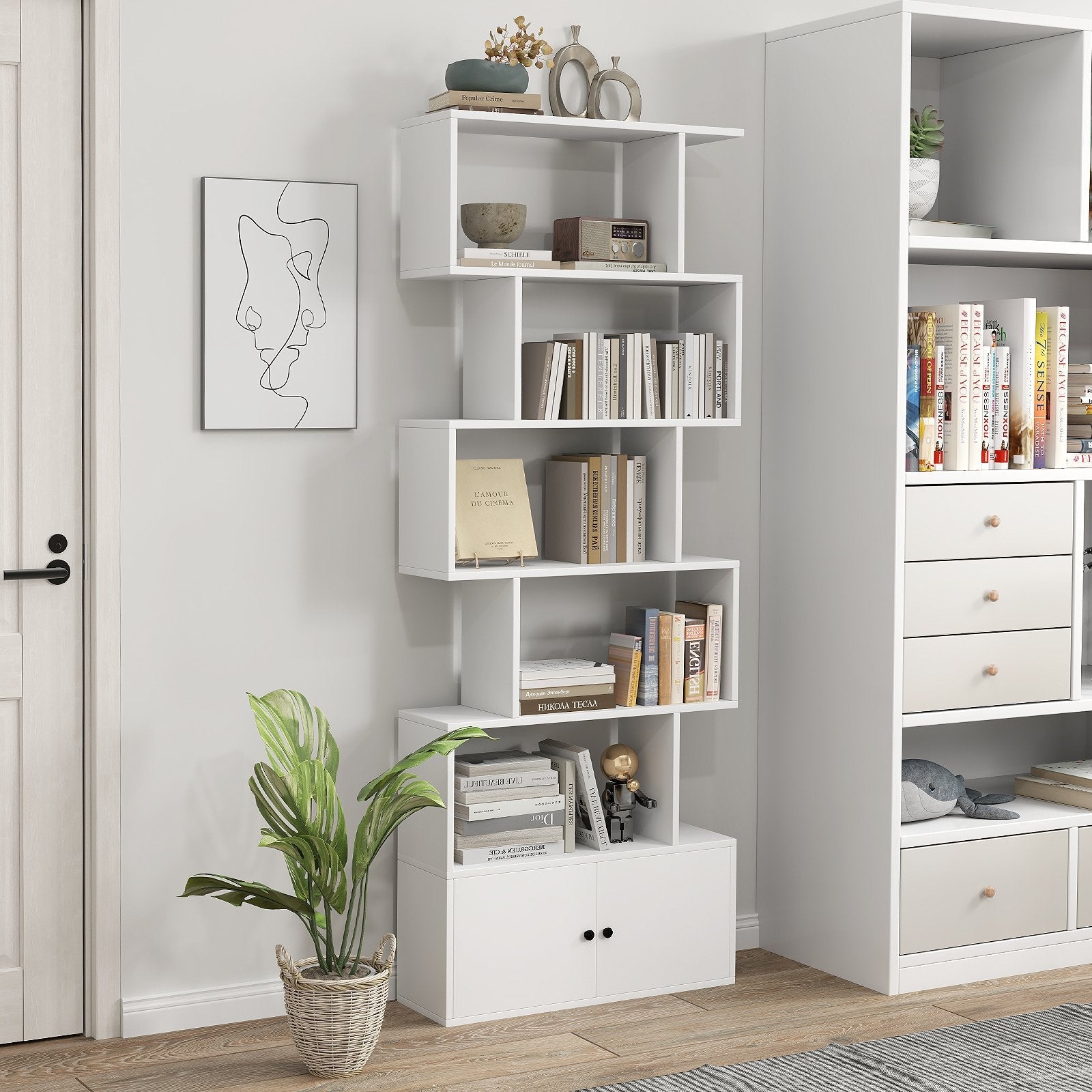 6-Tier S-Shaped Freestanding Bookshelf with Cabinet and Doors-Black