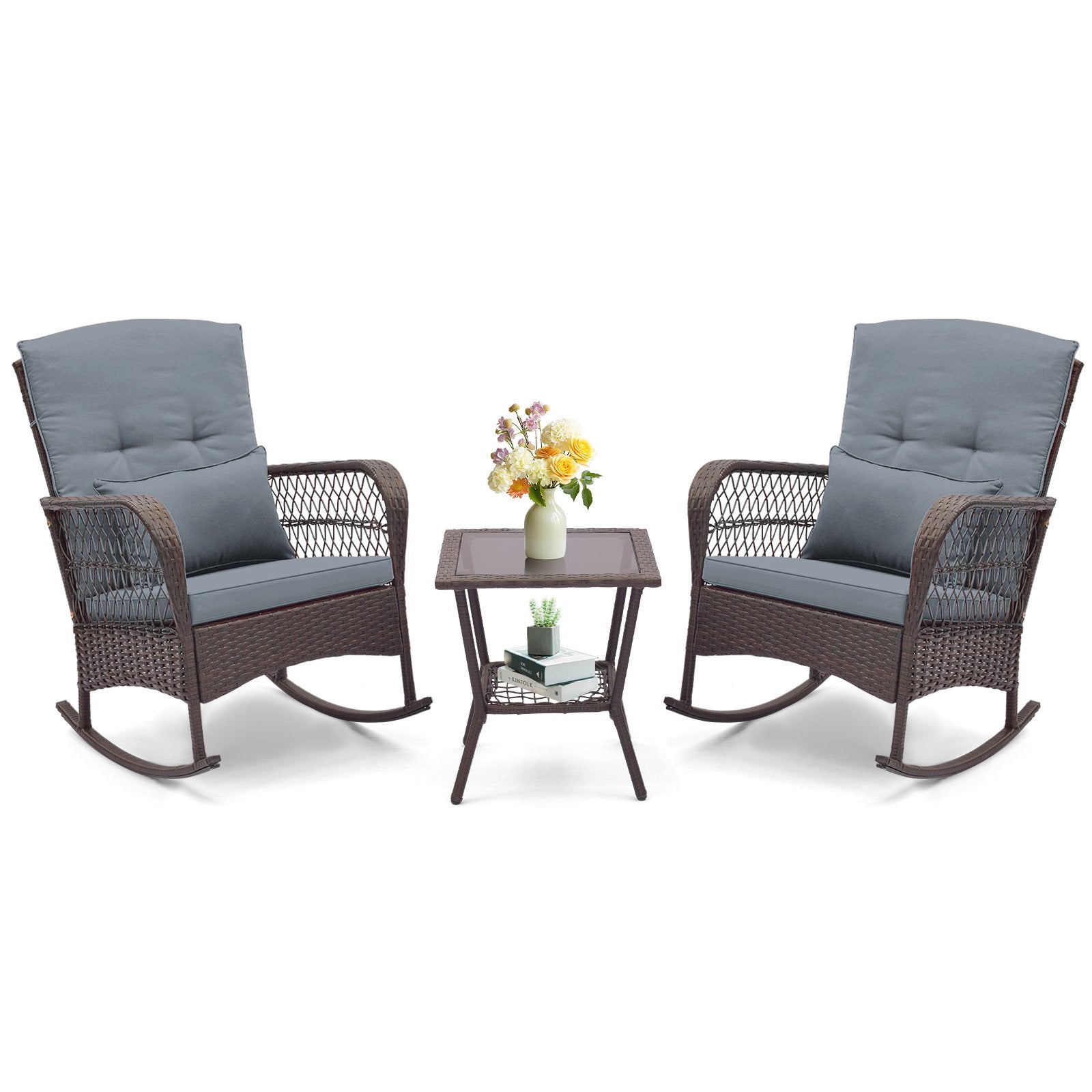3 Pieces Rocking Bistro Set with 2-Tier Coffee Table-Navy