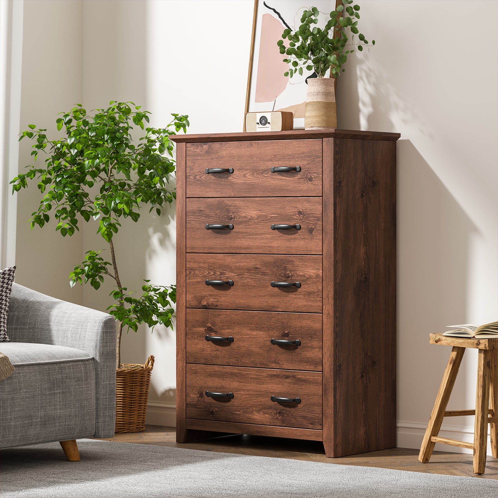 Tall Storage Dresser with 5 Pull-out Drawers for Bedroom Living Room-Gray