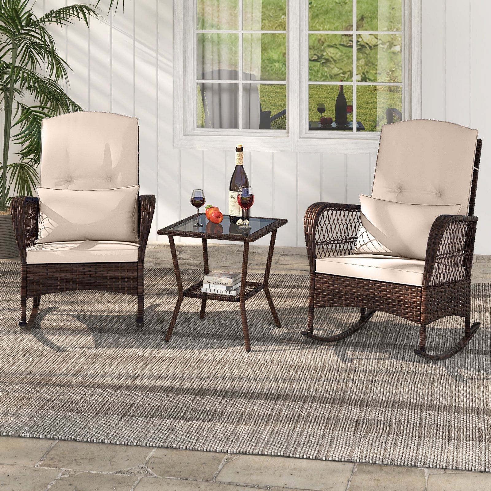 3 Pieces Rocking Bistro Set with 2-Tier Coffee Table-Navy