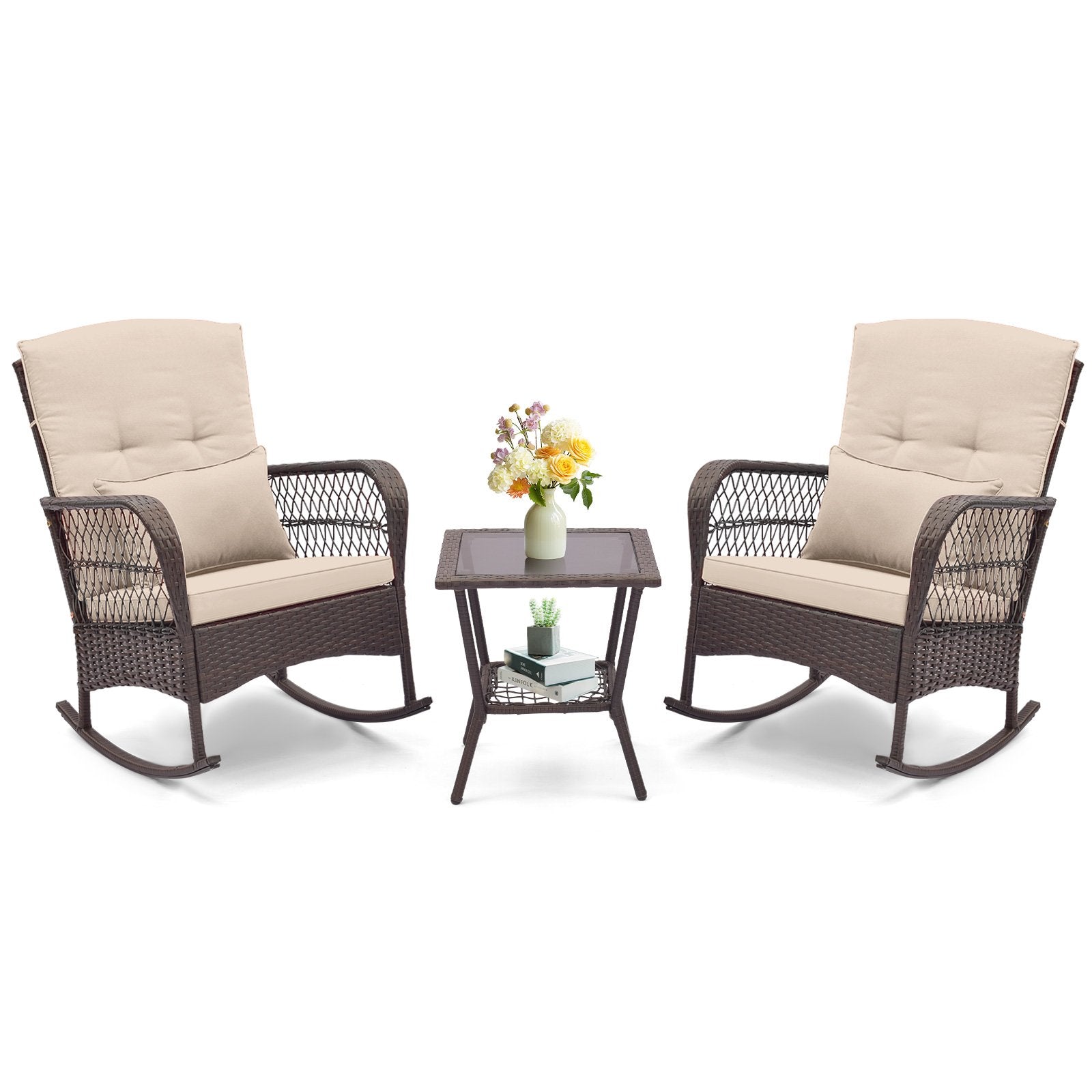 3 Pieces Rocking Bistro Set with 2-Tier Coffee Table-Navy