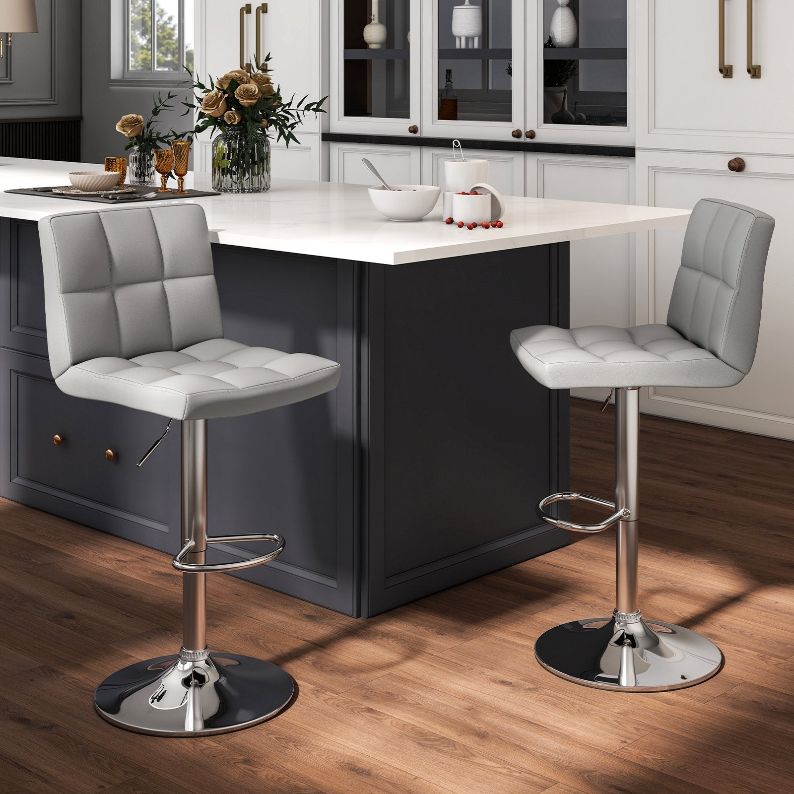 Set of 2 Square Swivel Adjustable PU Leather Bar Stools with Back and Footrest-Black