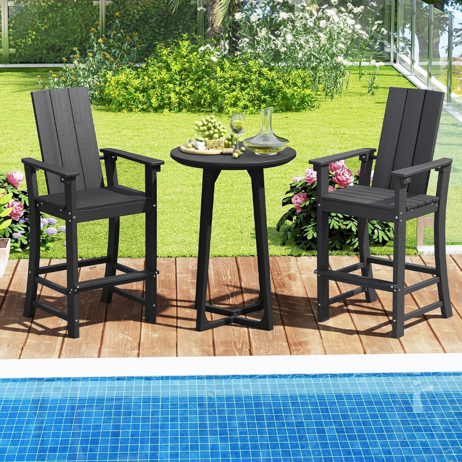 Tall Adirondack Chair Outdoor Bar Stool with Ergonomic Backrest for Backyard-Black