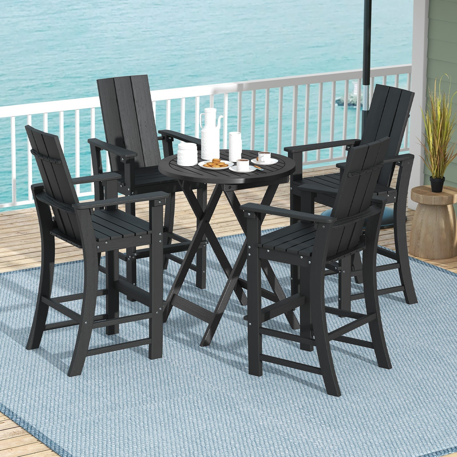 Tall Adirondack Chair Outdoor Bar Stool with Ergonomic Backrest for Backyard-Black