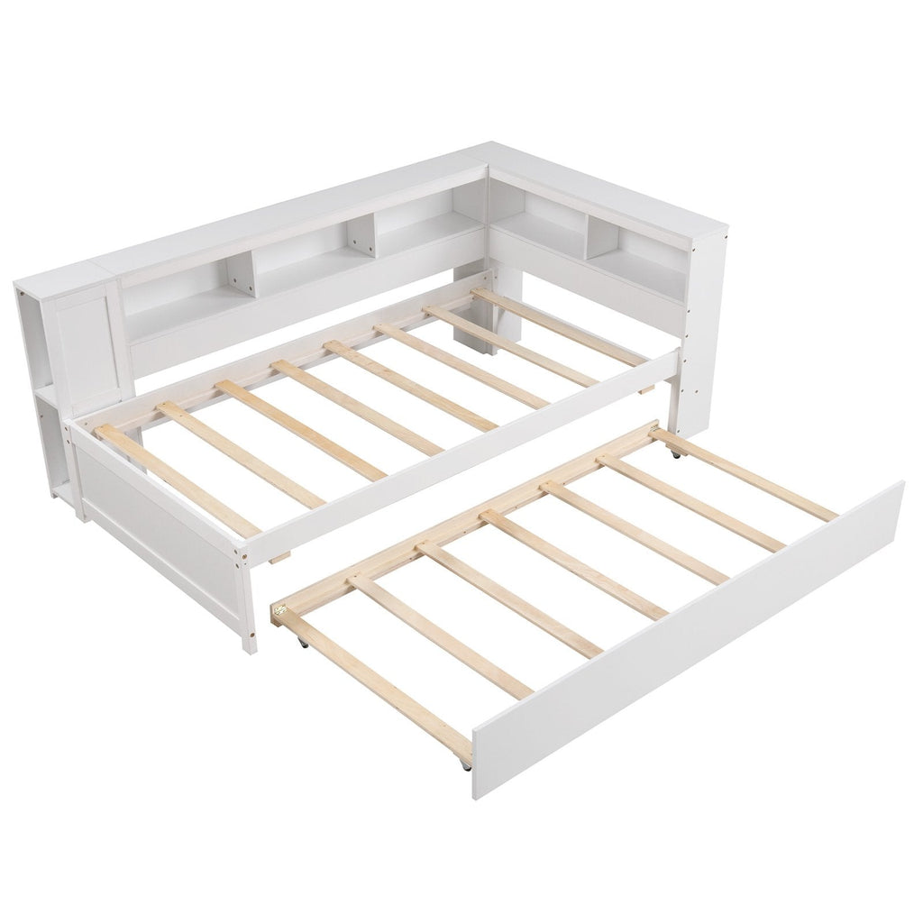 Twin Size Daybed Platform Bed Frame with Trundle and Bedside Shelves-White