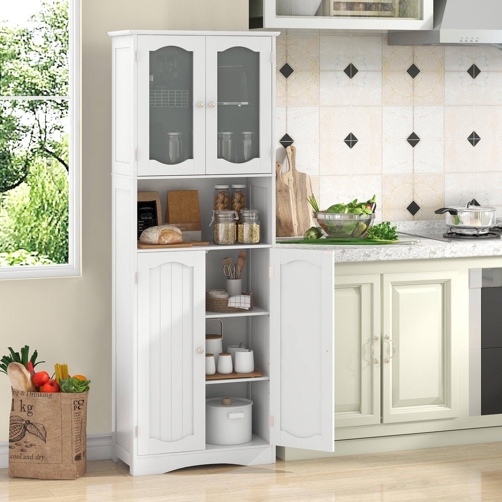 64.5 Inches Tall Bathroom Storage Cabinet with Frost Glass Doors and Shelves-Black