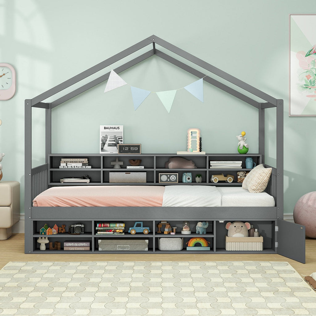 Twin Size House Bed with Roof with 14 Storage Cubes and Enclosed Cabinet-Gray