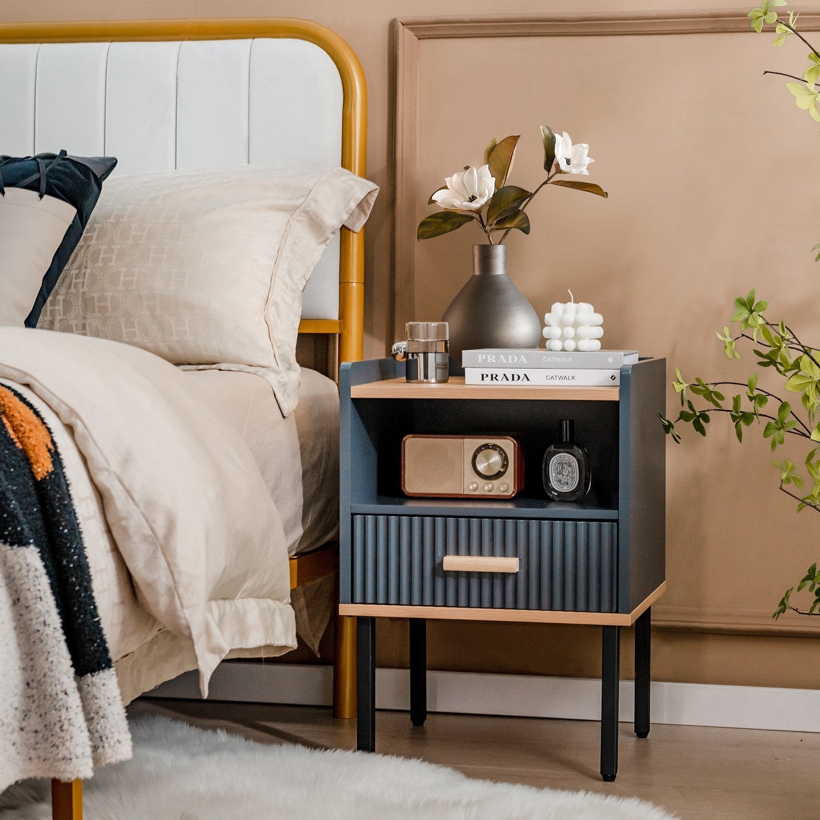 Nightstand Bedside End Table with Drawer and Open Shelf for Living Room Bedroom-Gray