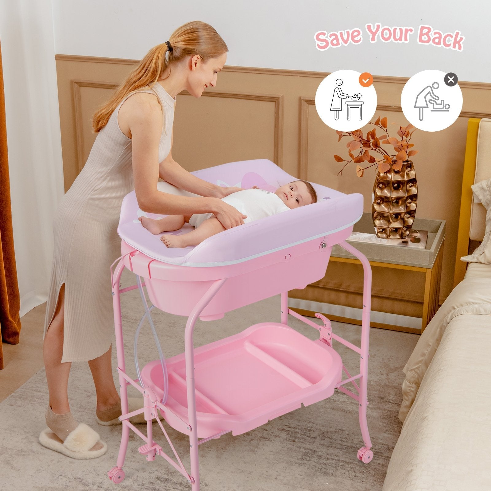Folding Baby Changing Table with Bathtub and 4 Universal Wheels-Blue