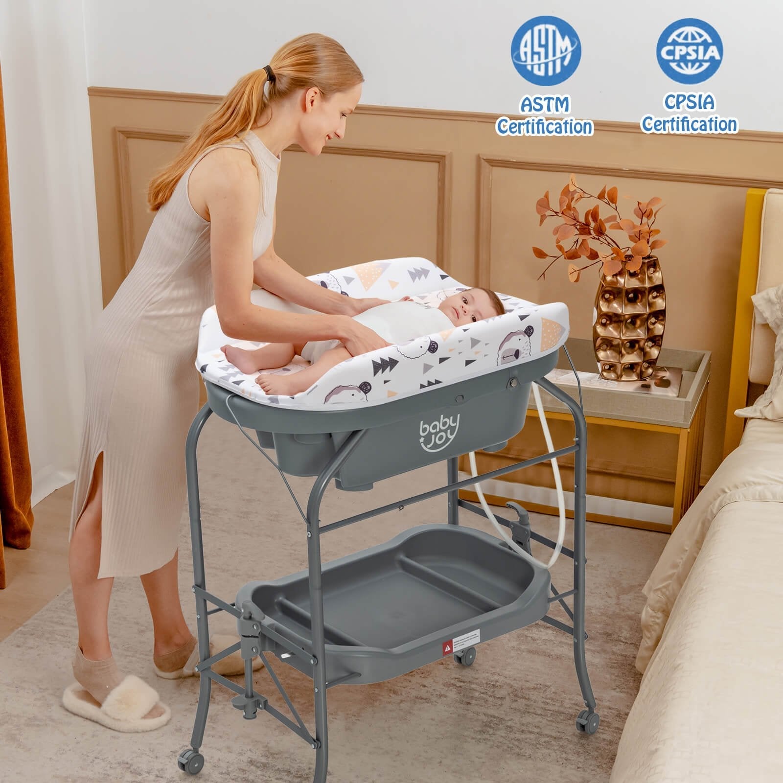 Folding Baby Changing Table with Bathtub and 4 Universal Wheels-Blue
