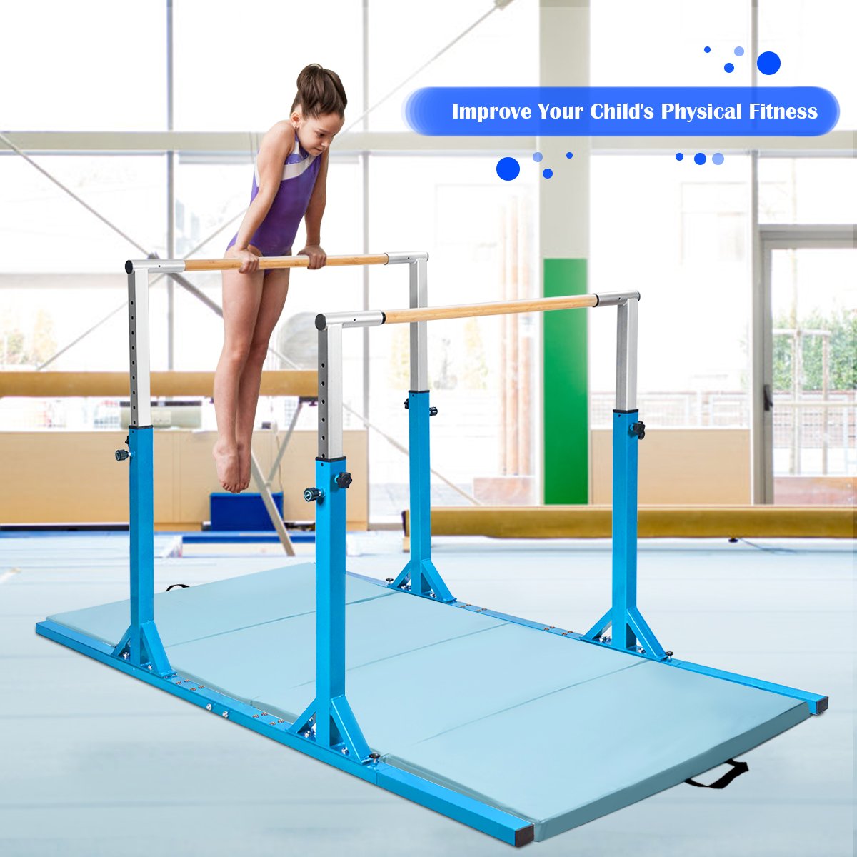 Kids Double Horizontal Bars Gymnastic Training Parallel Bars Adjustable-Blue