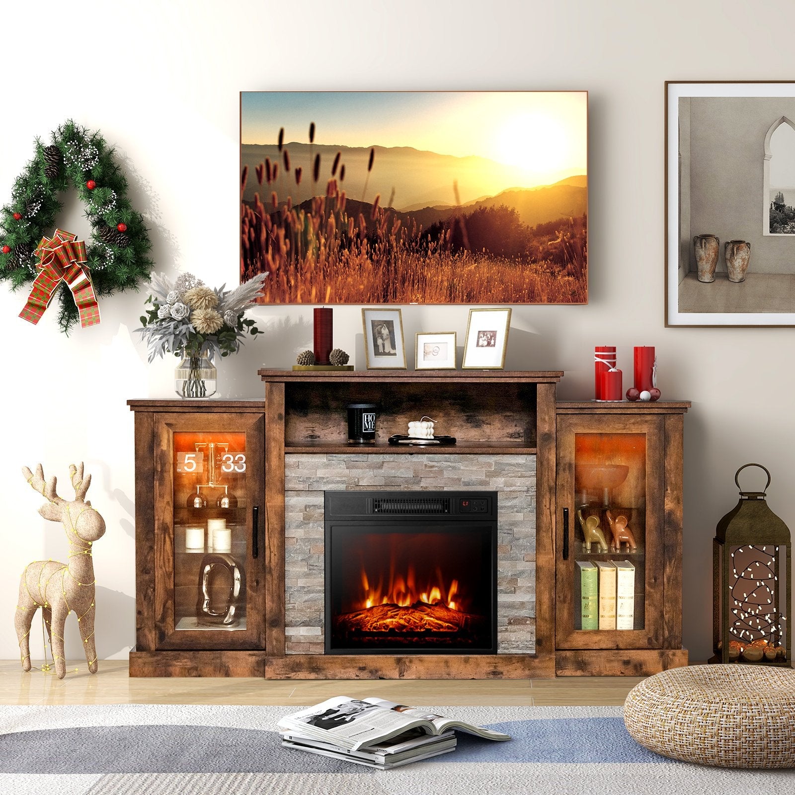 Fireplace TV Stand with 16-Color Led Lights for TVs up to 65 Inch-Black