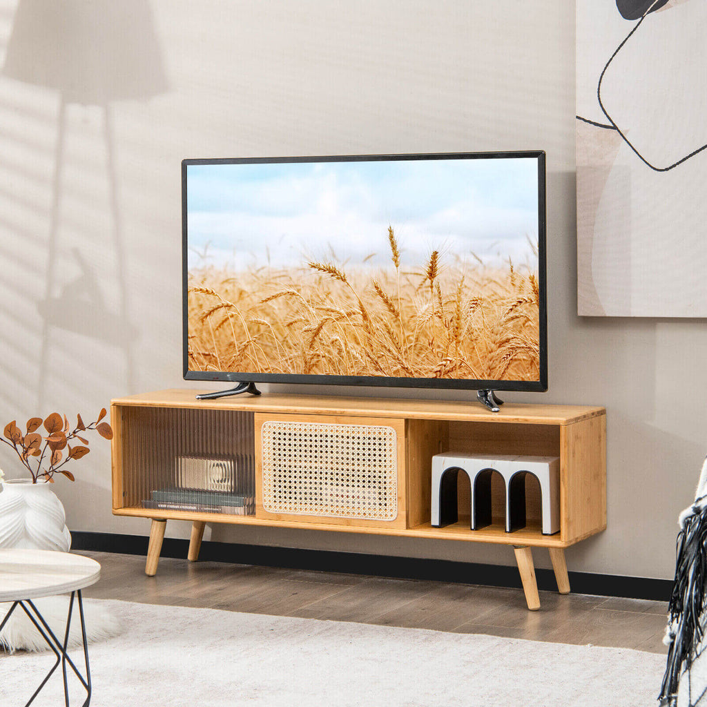 Modern TV Stand with Rattan Glass Sliding Doors-Brown