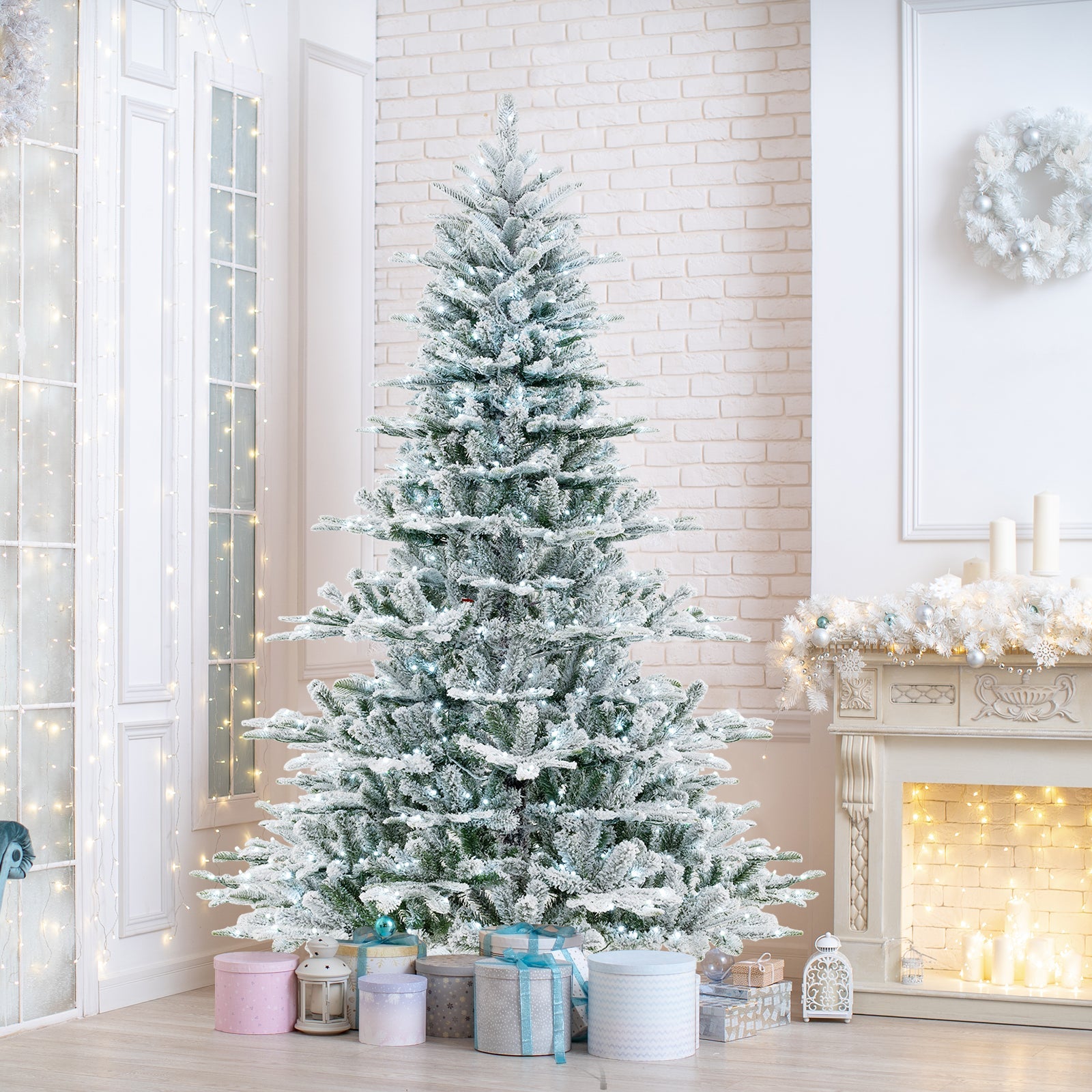 7 Feet Snow Flocked Artificial Christmas Tree with Cool White LED Lights