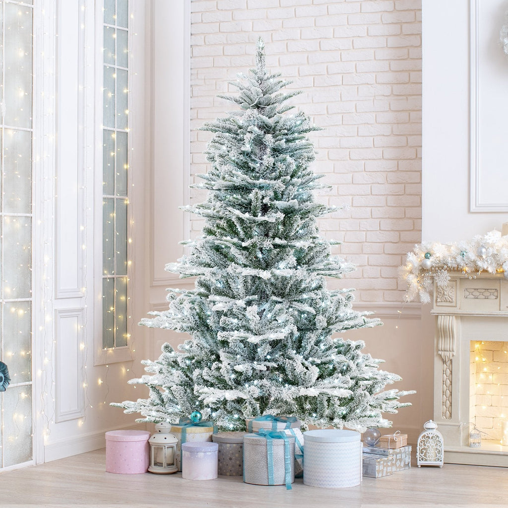 7 Feet Snow Flocked Artificial Christmas Tree with Cool White LED Lights