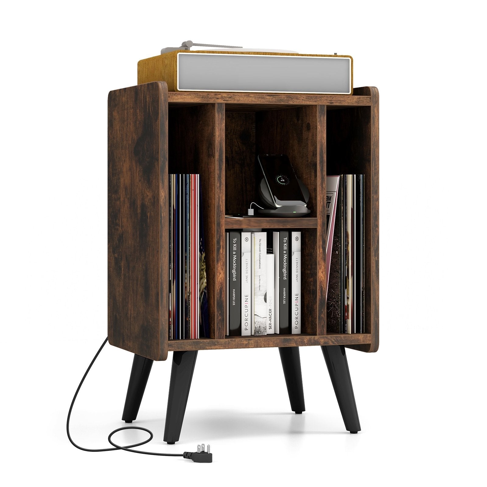 Vinyl Record Storage Turntable Stand with 4 Open Shelves-Brown