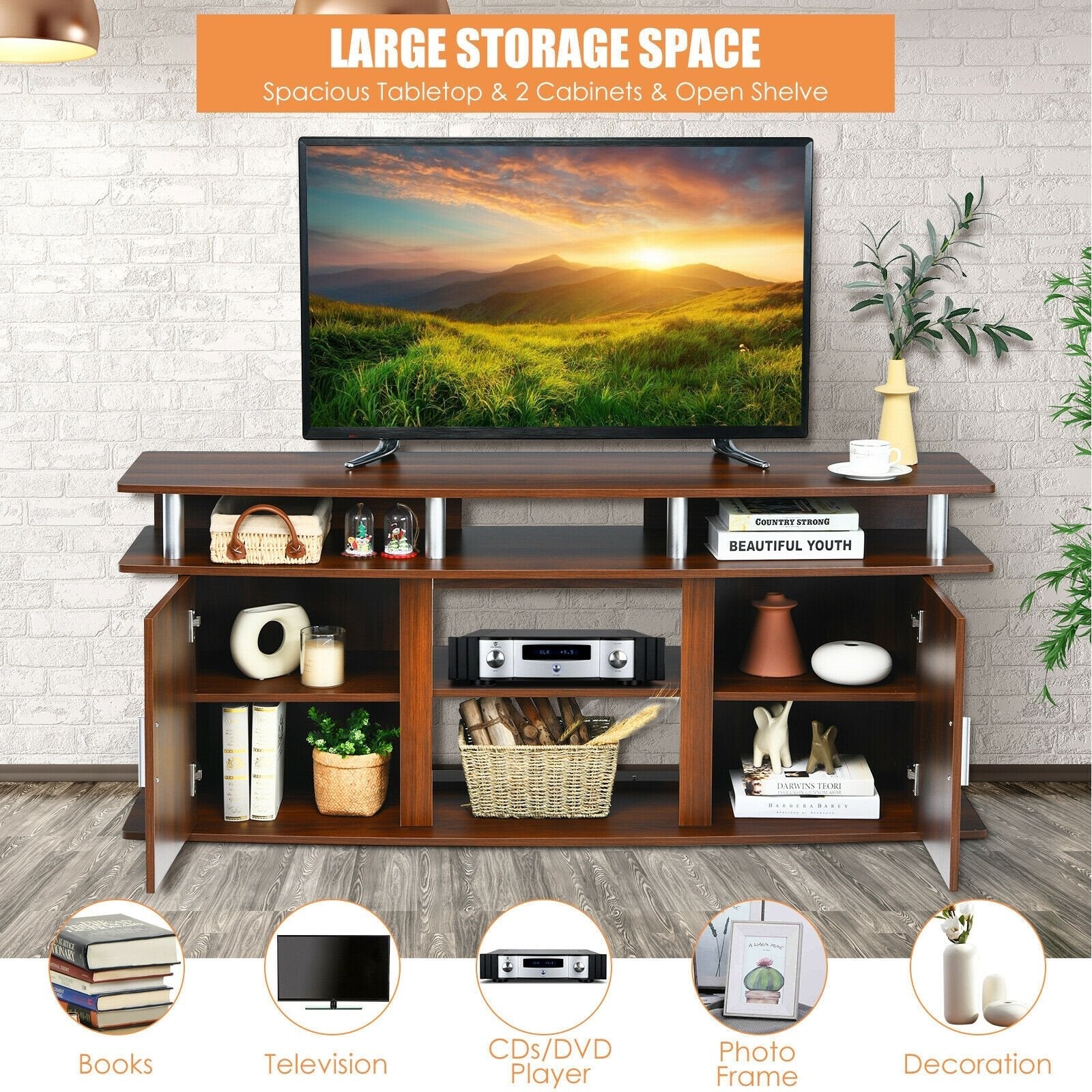 63 Inch TV Entertainment Console Center with 2 Cabinets-Black