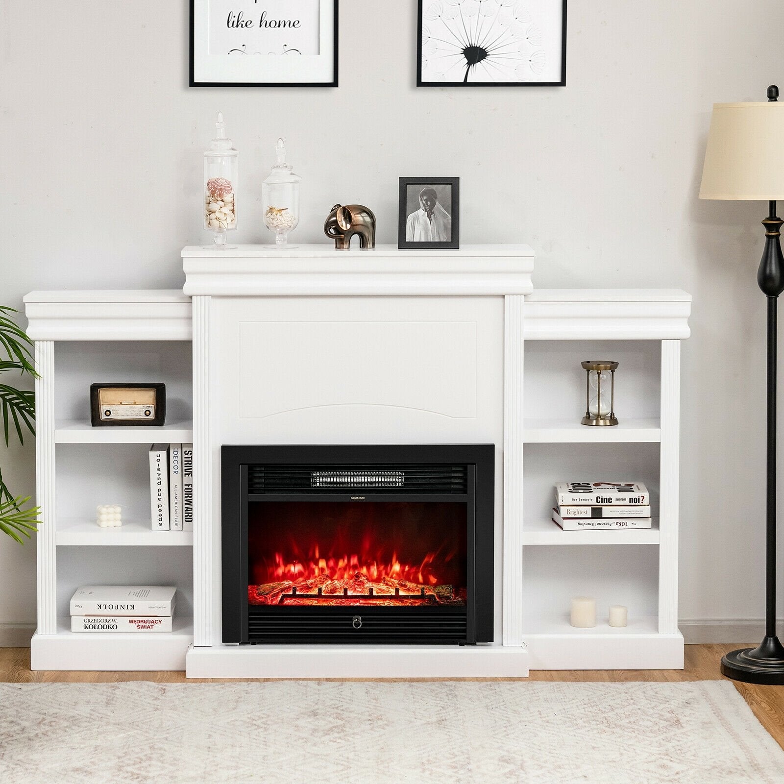 70 Inch Modern Fireplace Media Entertainment Center with Bookcase-Black