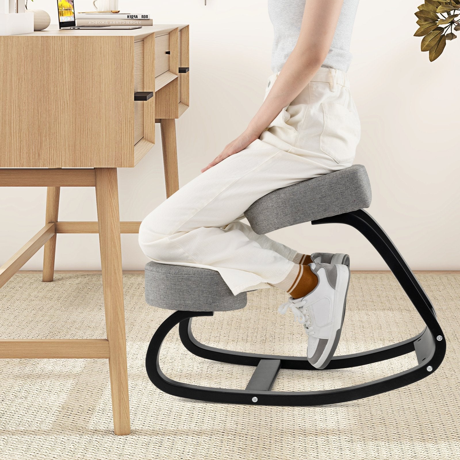 Wooden Ergonomic Rocking Kneeling Backless Chair with Padded Cushion-Grey