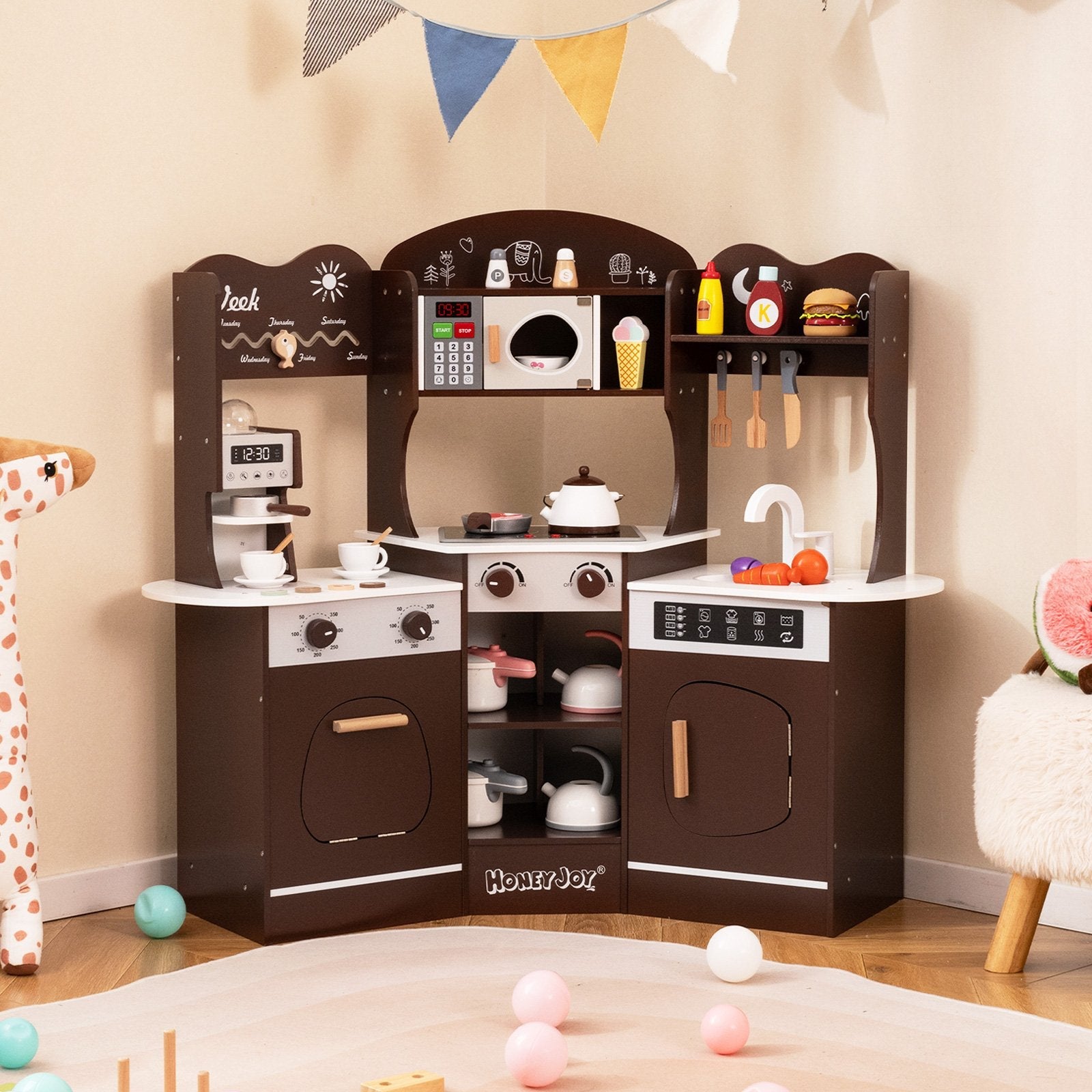 Corner Wooden Play Kitchen with Coffee Machine and Slide for Kids-Brown