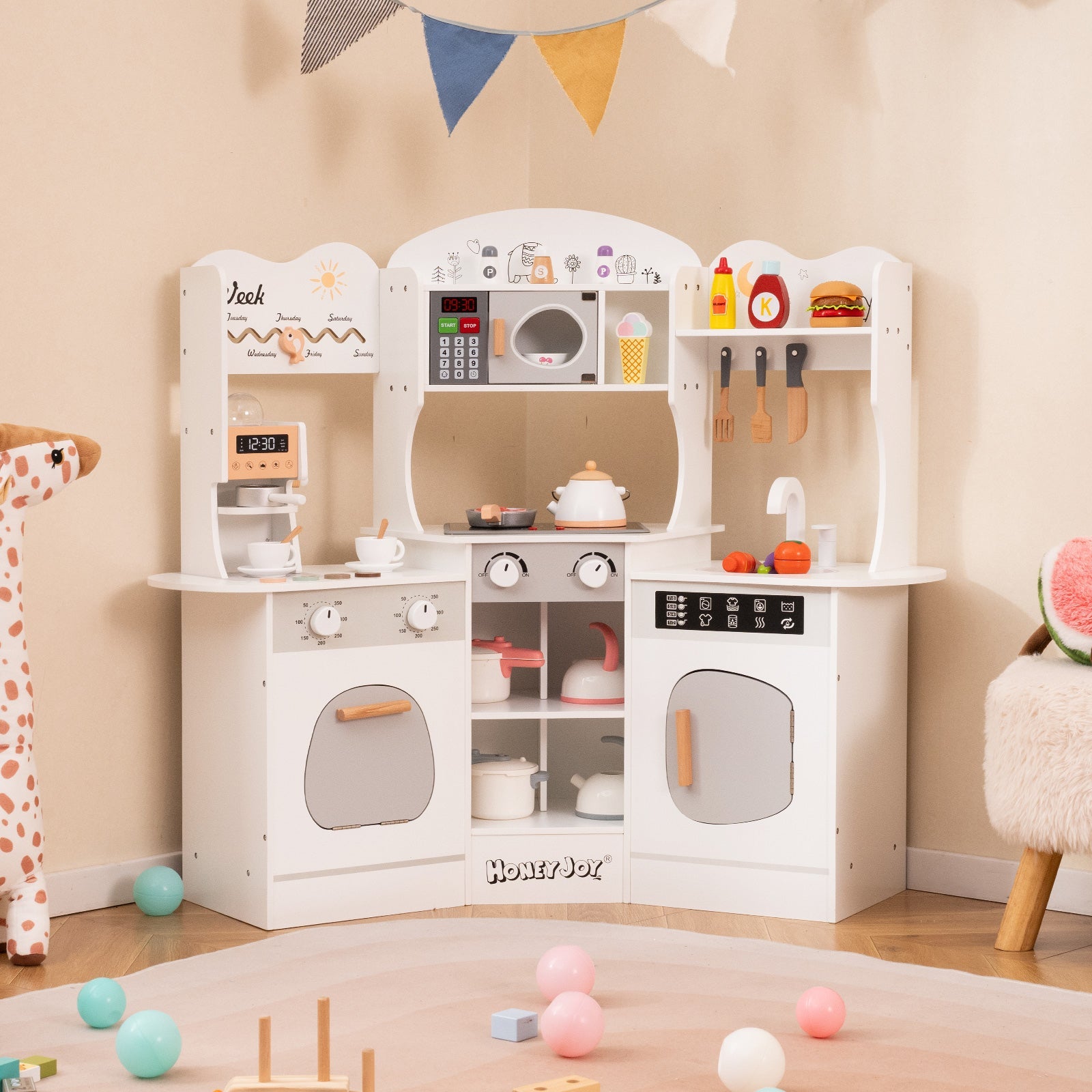 Corner Wooden Play Kitchen with Coffee Machine and Slide for Kids-Brown
