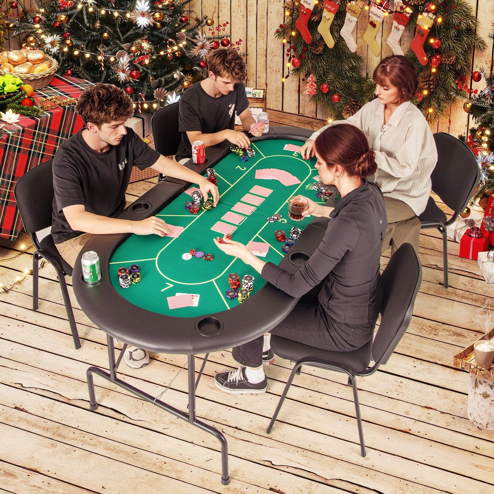 72 x 36 x 30.5 Inch Foldable Poker Table with 8 Cup Holders-Blue