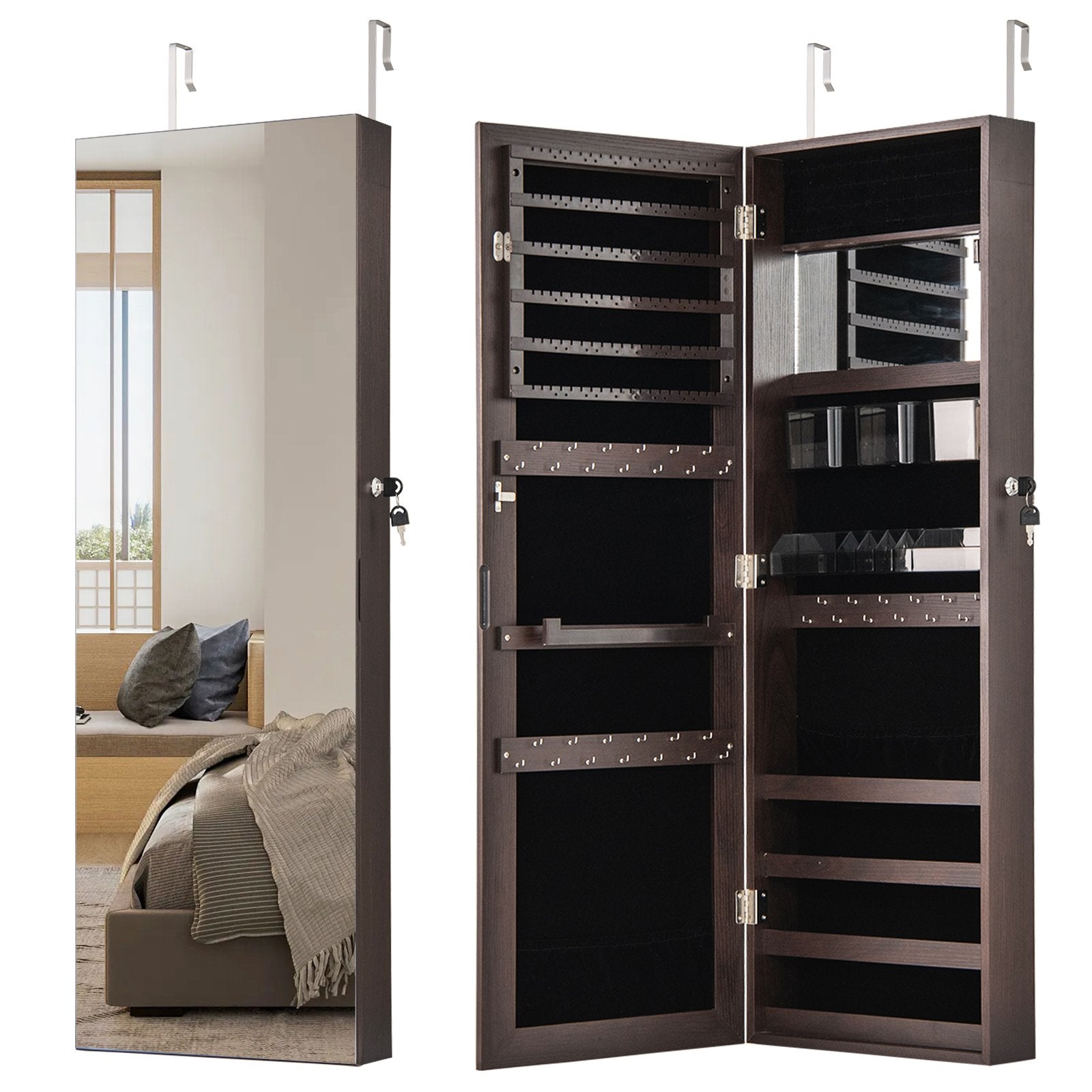 43.5 Inch Jewelry Mirror Cabinet with Full-length Mirror and Adjustable Hangers-Dark Brown