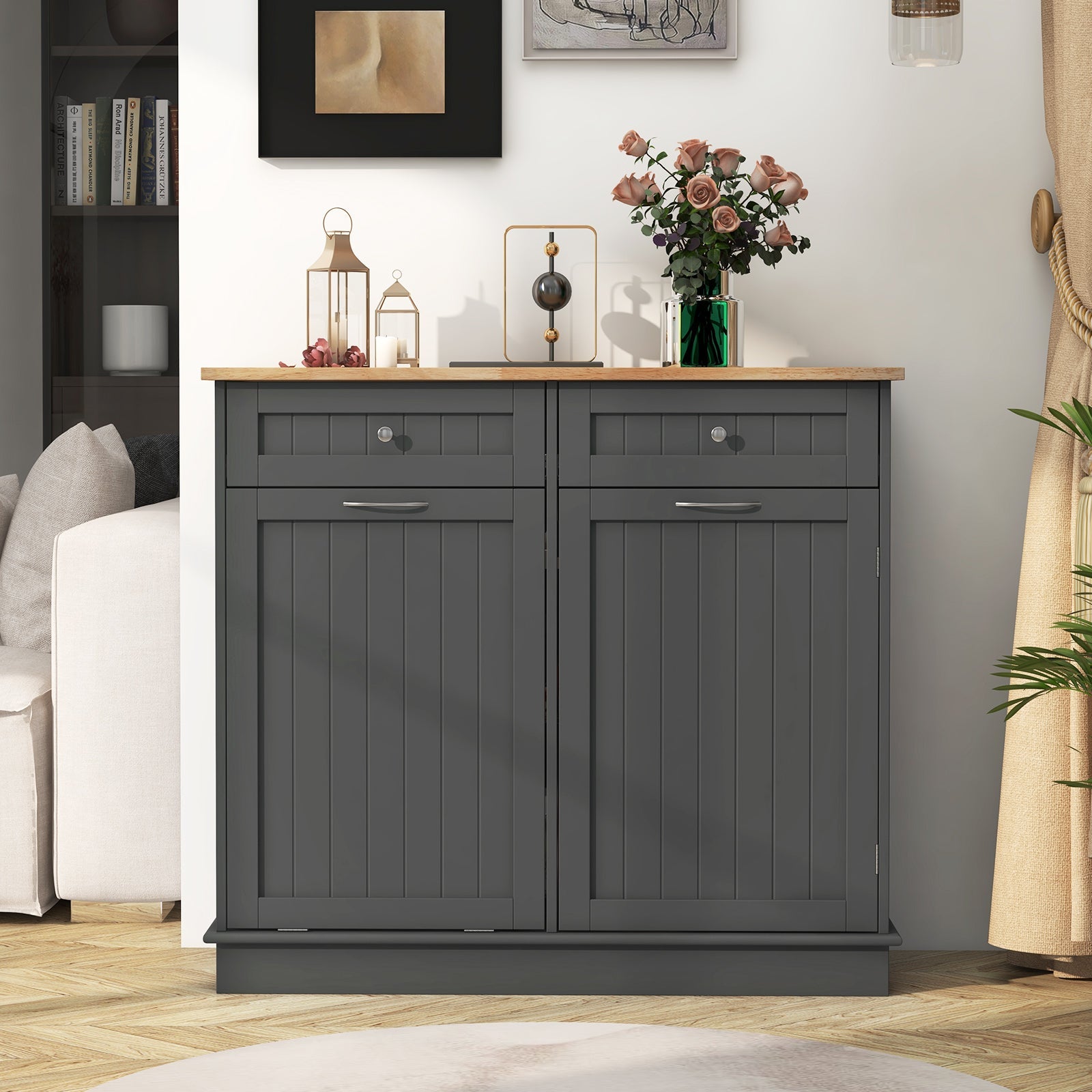 Kitchen Tilt Out Trash Cabinet with 2 Drawers and Adjustable Shelf-Black