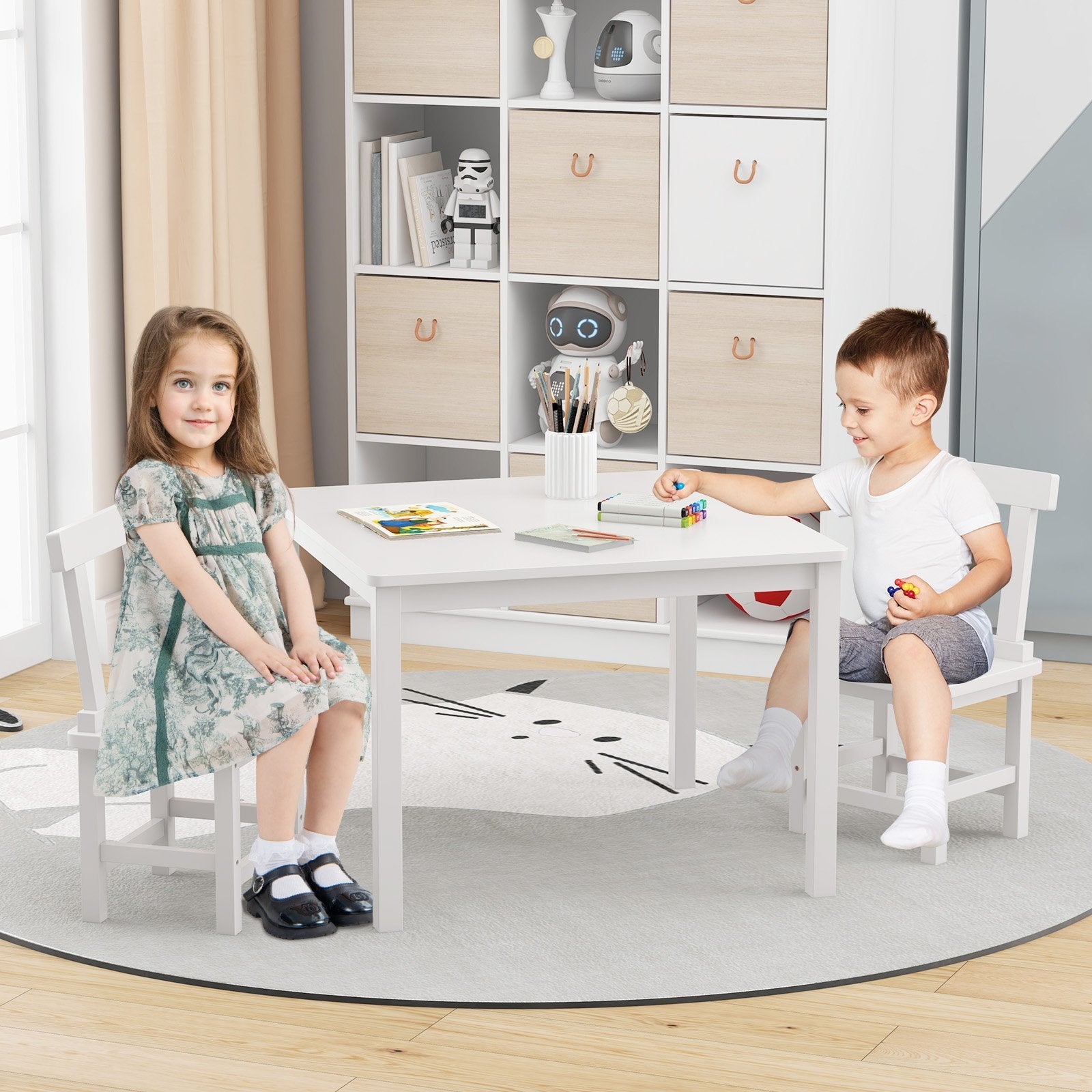 Wooden Kids Table and 2 Chairs Set with Anti-slip Foot Pads-Gray